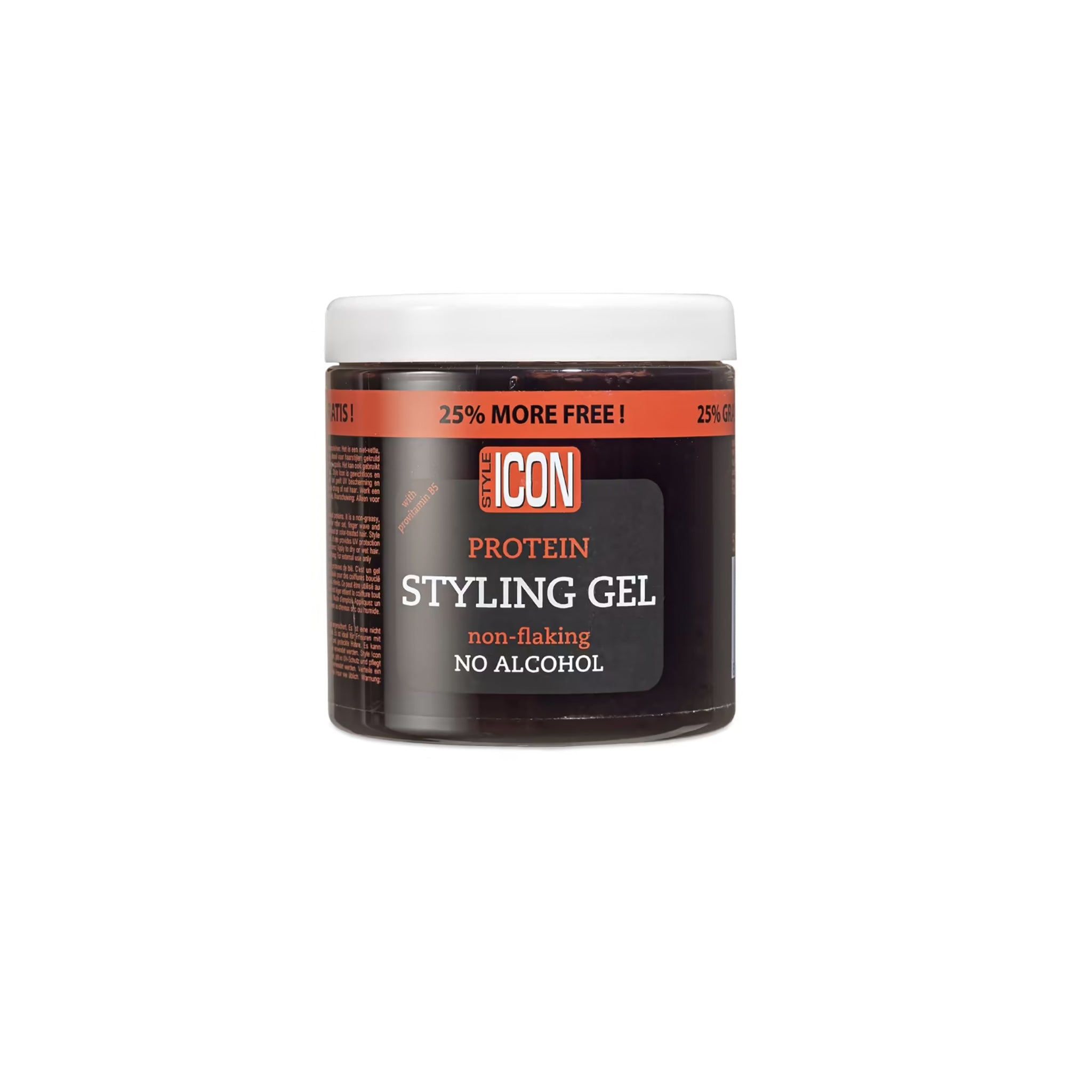 Style-X Icon Protein Styling Gel (525 ml). Billedet viser en beholder med Style-X Icon Protein Styling Gel, der er non-flaking og uden alkohol.