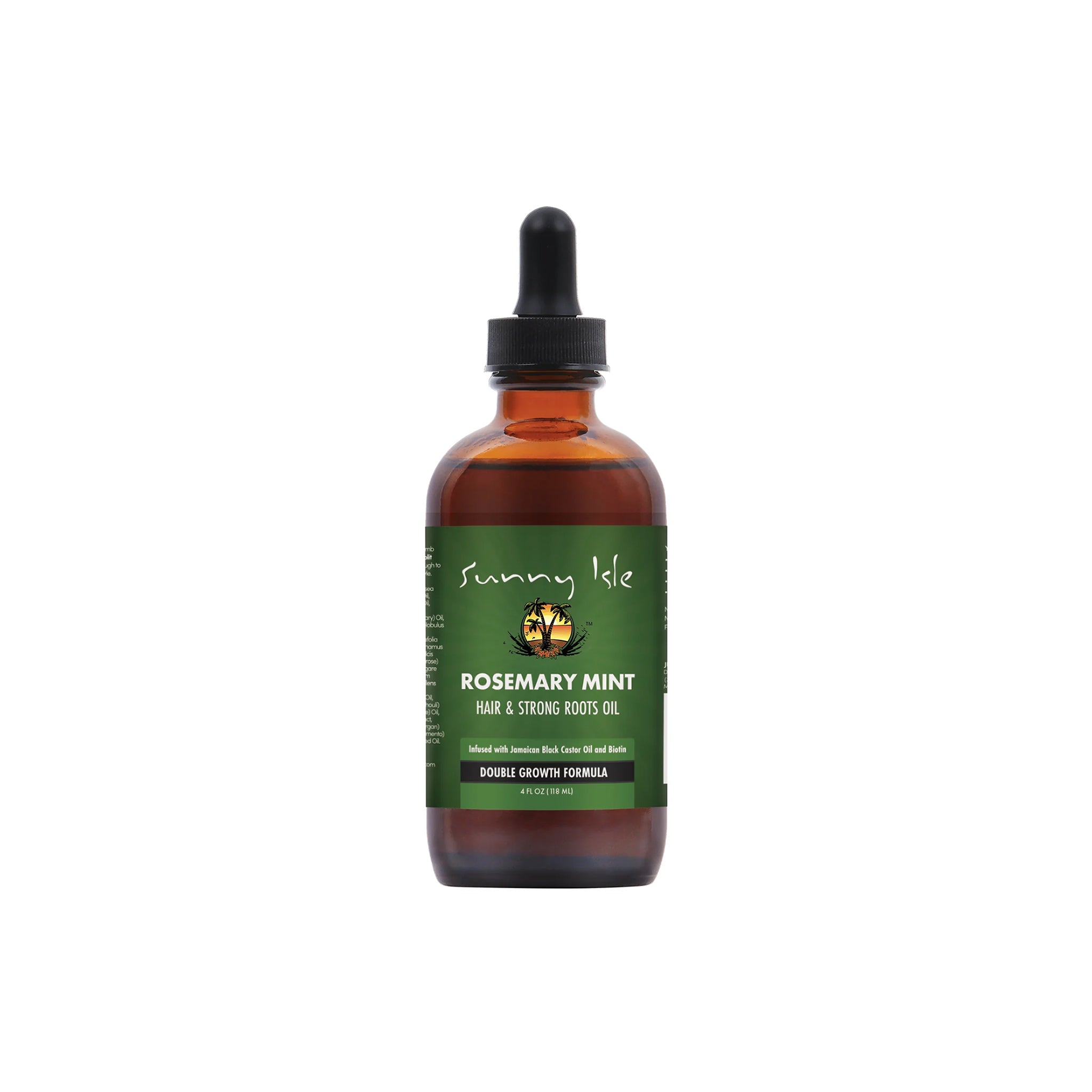 Sunny Isle – Rosemary Mint Hair & Strong Roots Oil (Double Growth Formula), 188 ml
Flaske i ravfarvet glas med pipette og grøn etiket foran.