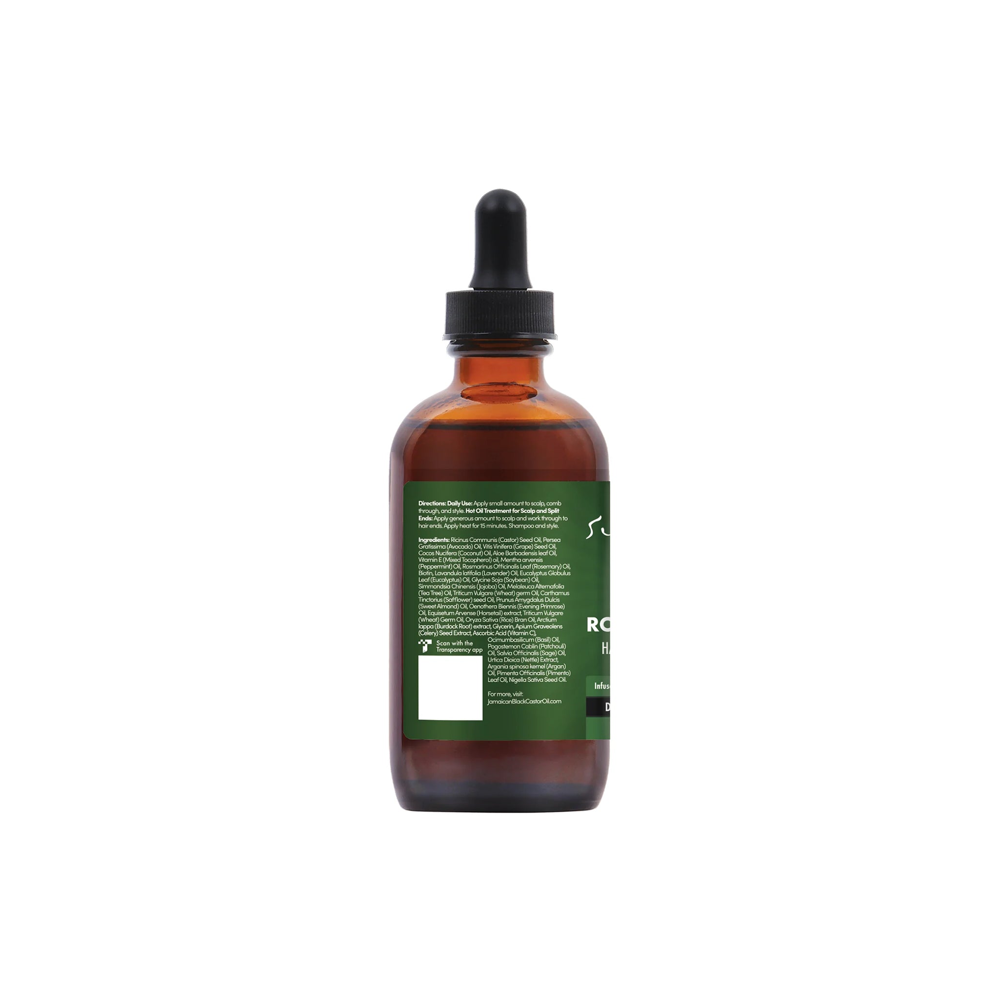Sunny Isle Rosemary Mint Hair & Strong Roots Oil 188 ml set bagfra med grøn ingrediensetiket på brun glasflaske.