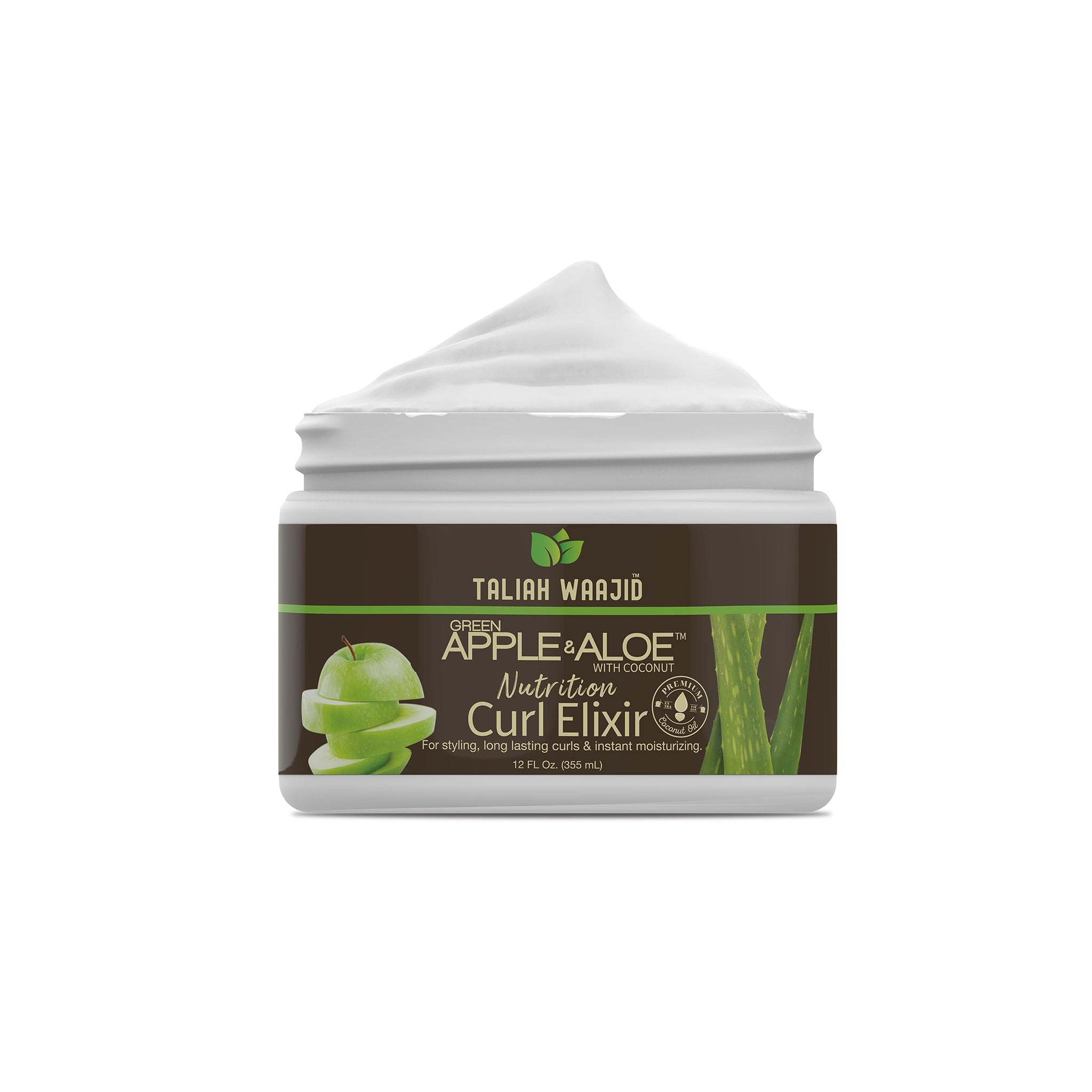 Taliah Waajid Apple Aloe Curl Elixir 355ml krukke med hvid creme, grøn æble og aloe vera grafik, fugtgivende styling til krøller.