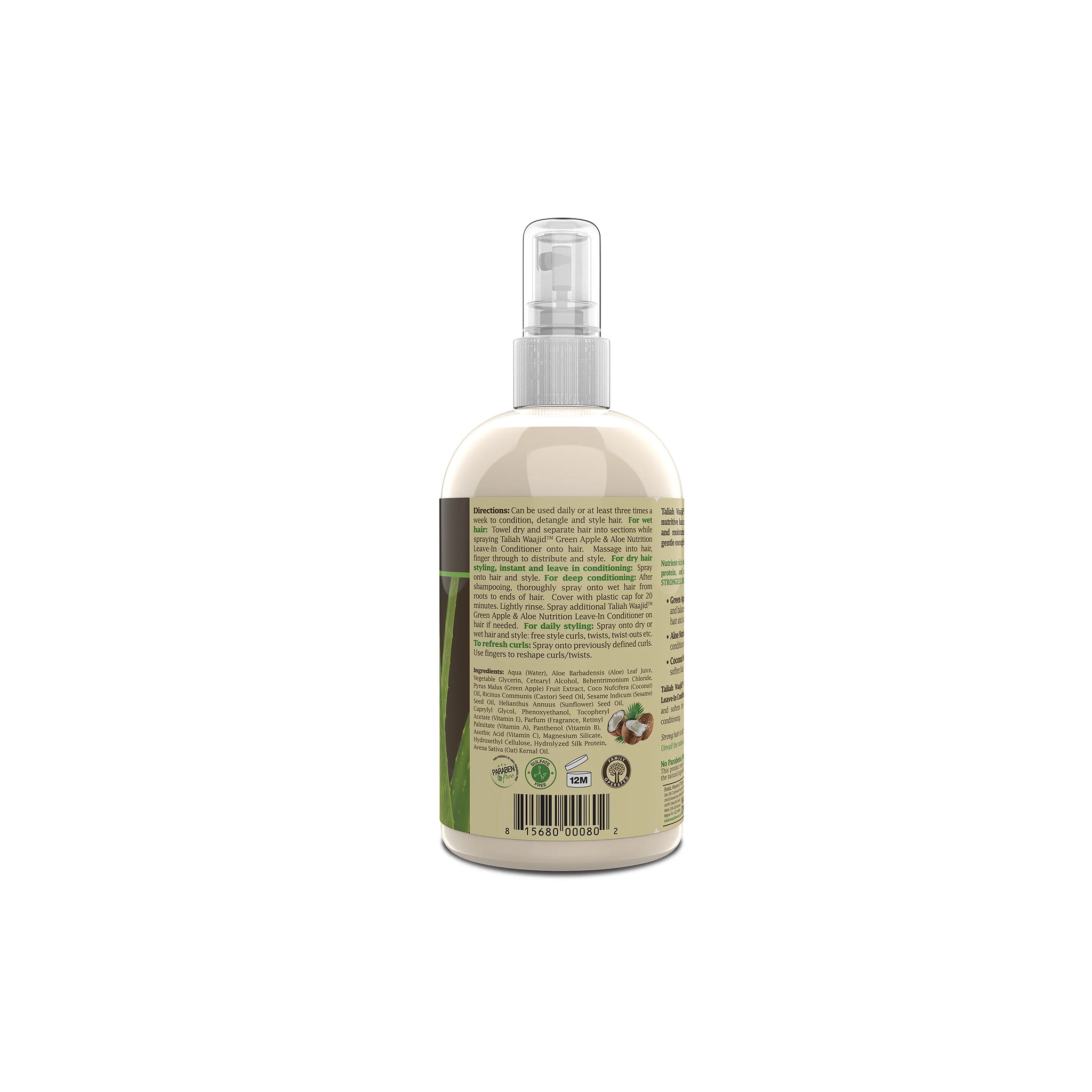 Taliah Waajid Apple Aloe Leave-In Conditioner 355ml set bagfra med grøn etiket, ingredienser og kokosgrafik på beige flaske.