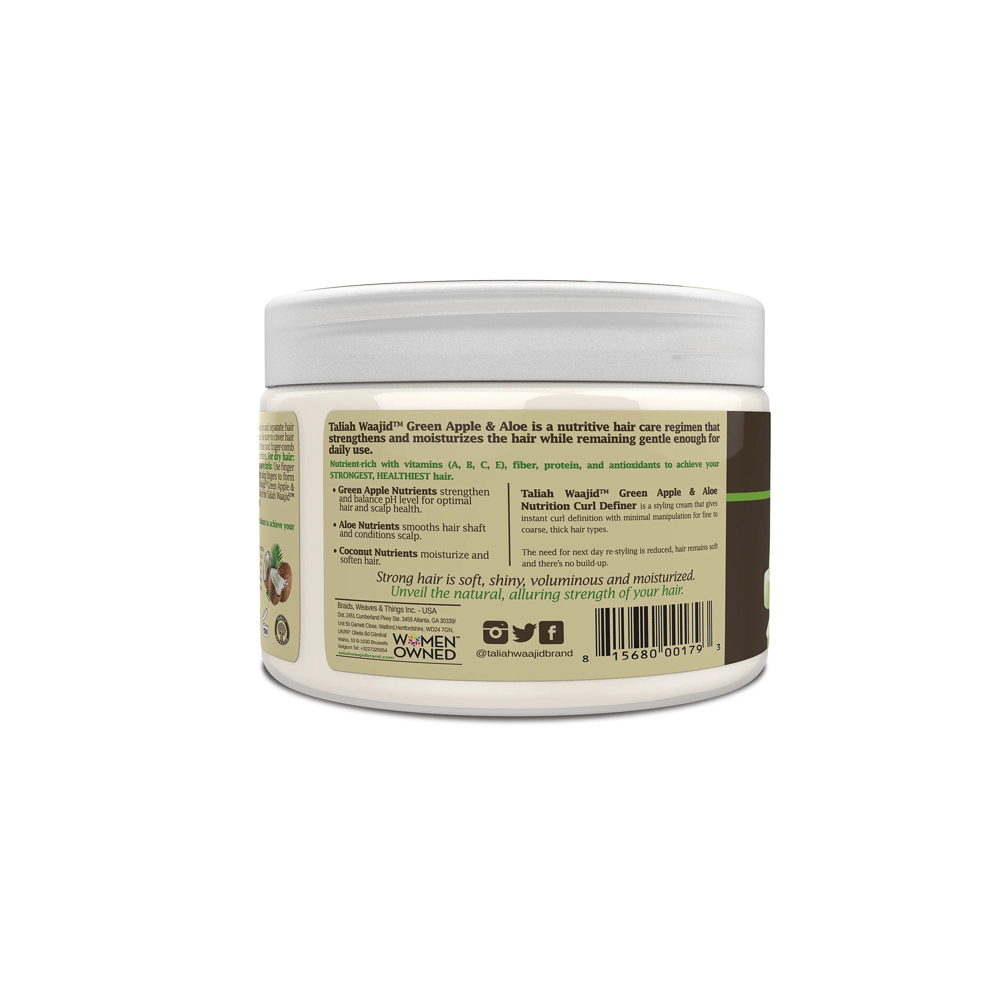 Bagsiden af Taliah Waajid Green Apple & Aloe Nutrition Curl Definer med beskrivelse af produktfordele og ingredienser på beige og brun etiket.