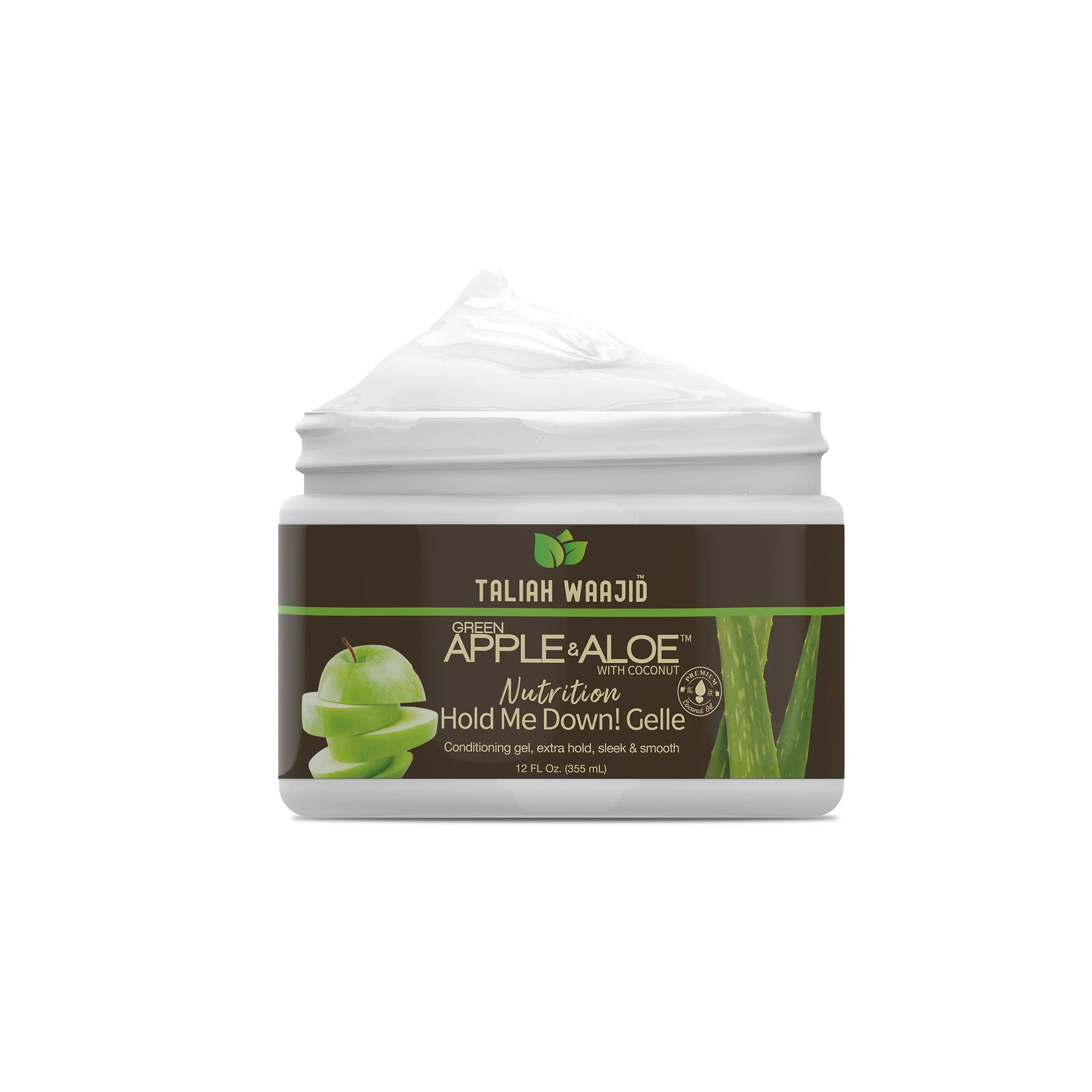 Åben krukke med Taliah Waajid Green Apple & Aloe Nutrition Hold Me Down! Gelle, synligt hvidt gel med grønne æbler og aloe vera på etiketten.