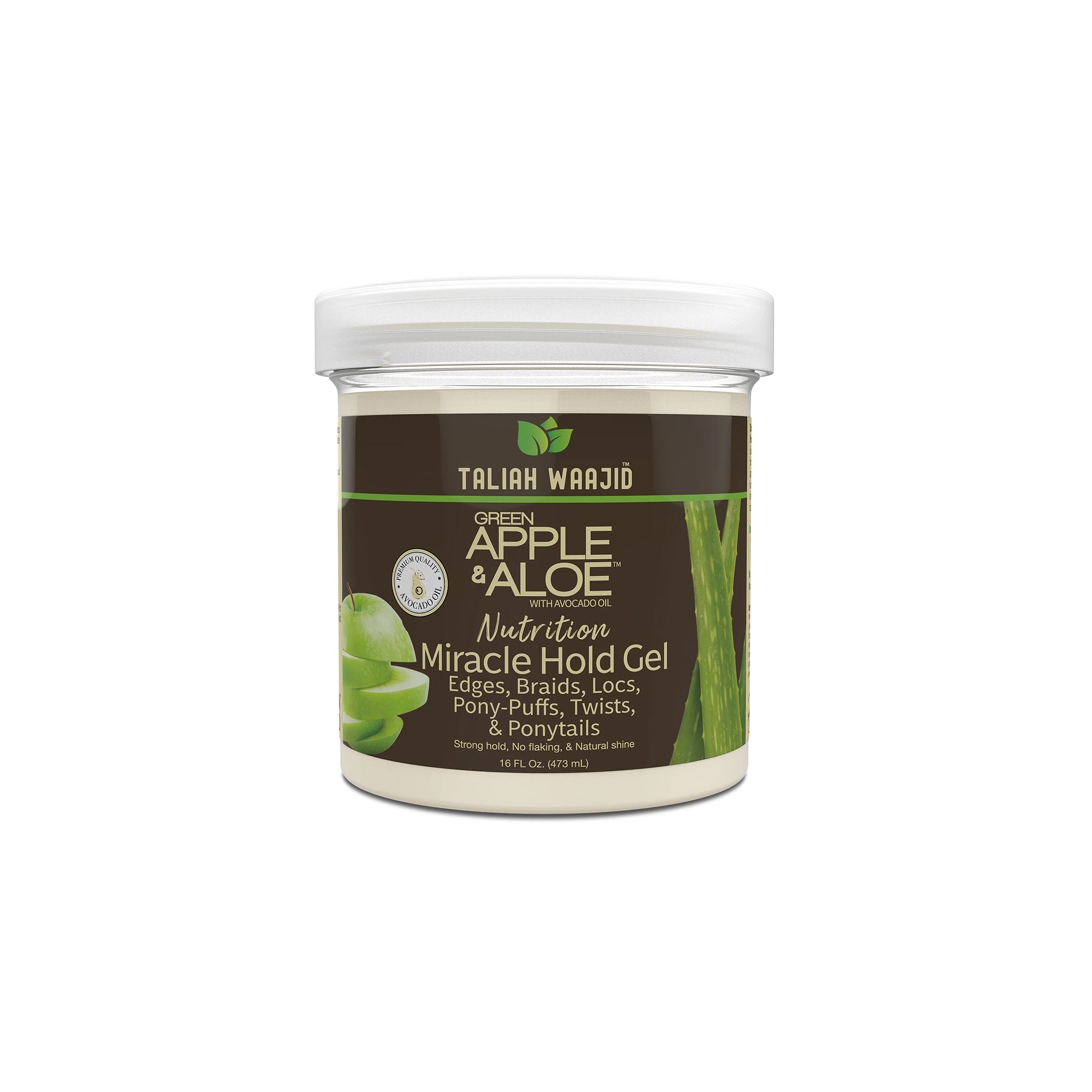 Taliah Waajid Green Apple & Aloe Nutrition Miracle Hold Gel i klar krukke med grønne æbler og aloe vera på mørk etiket.