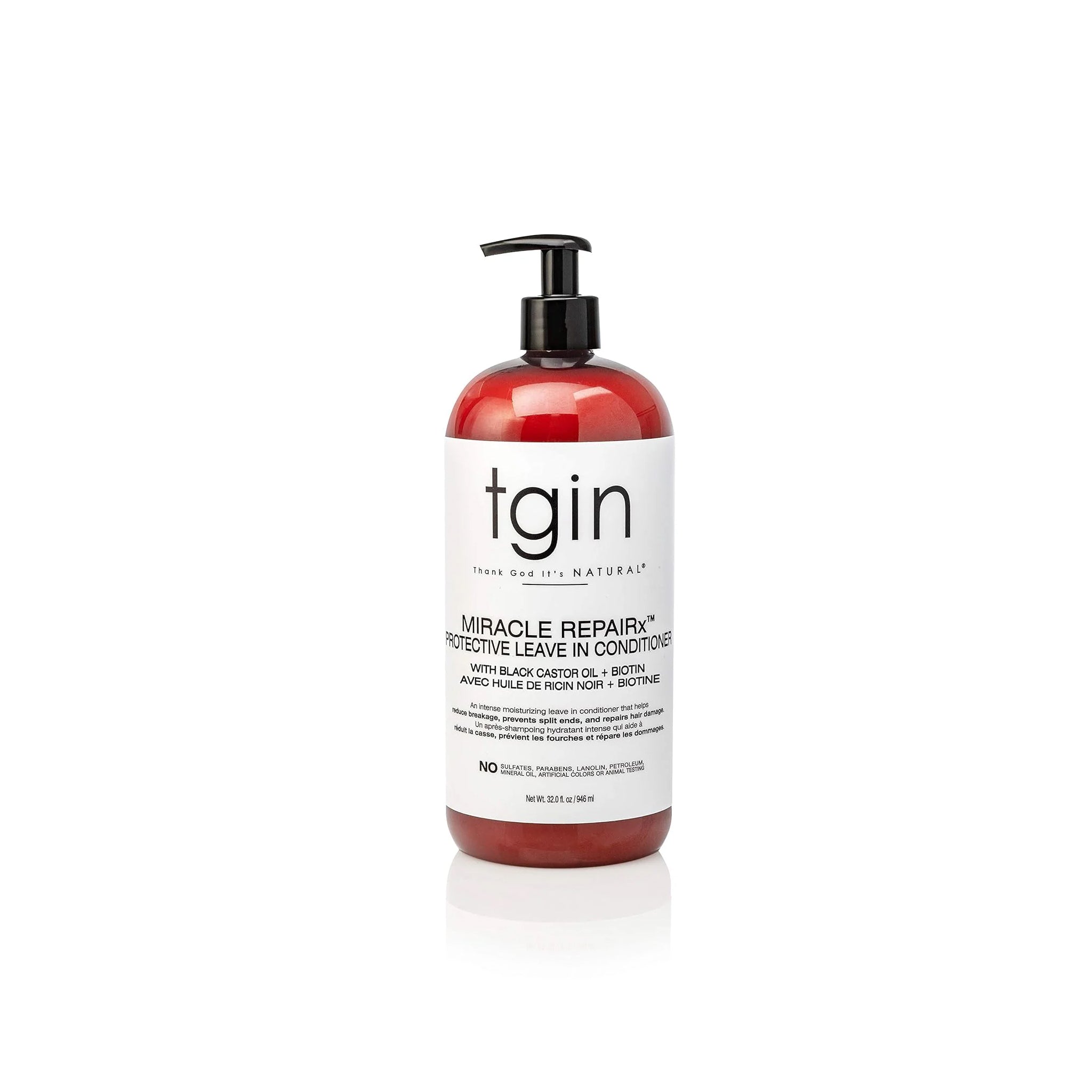 TGIN Miracle Repairx Protective Leave-In Conditioner 946ml i rød pumpeflaske med sort låg og hvid etiket.