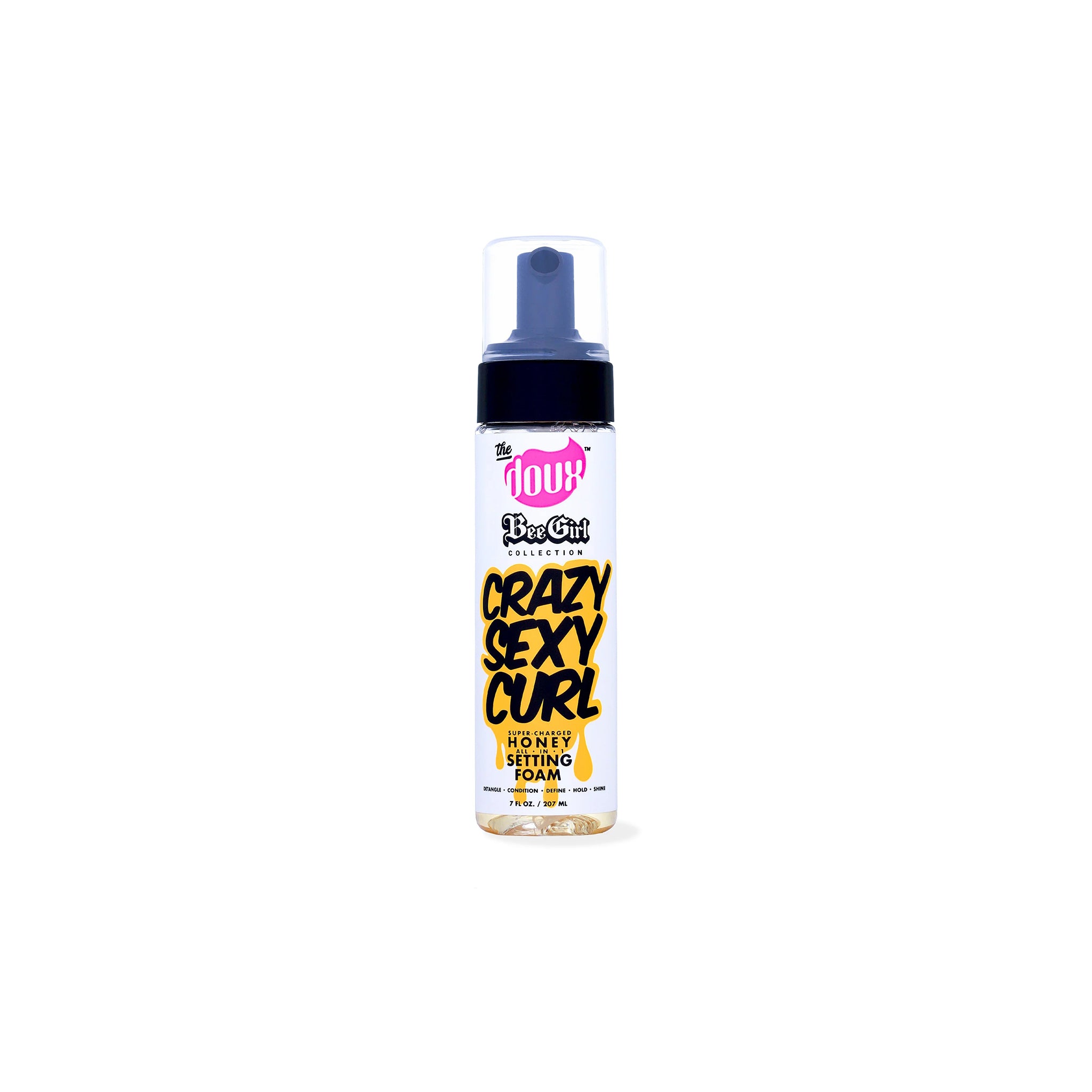 The Doux Bee Girl Crazy Sexy Curl Honey Setting Foam 207ml i gennemsigtig pumpeflaske med sort låg og gul tekst.