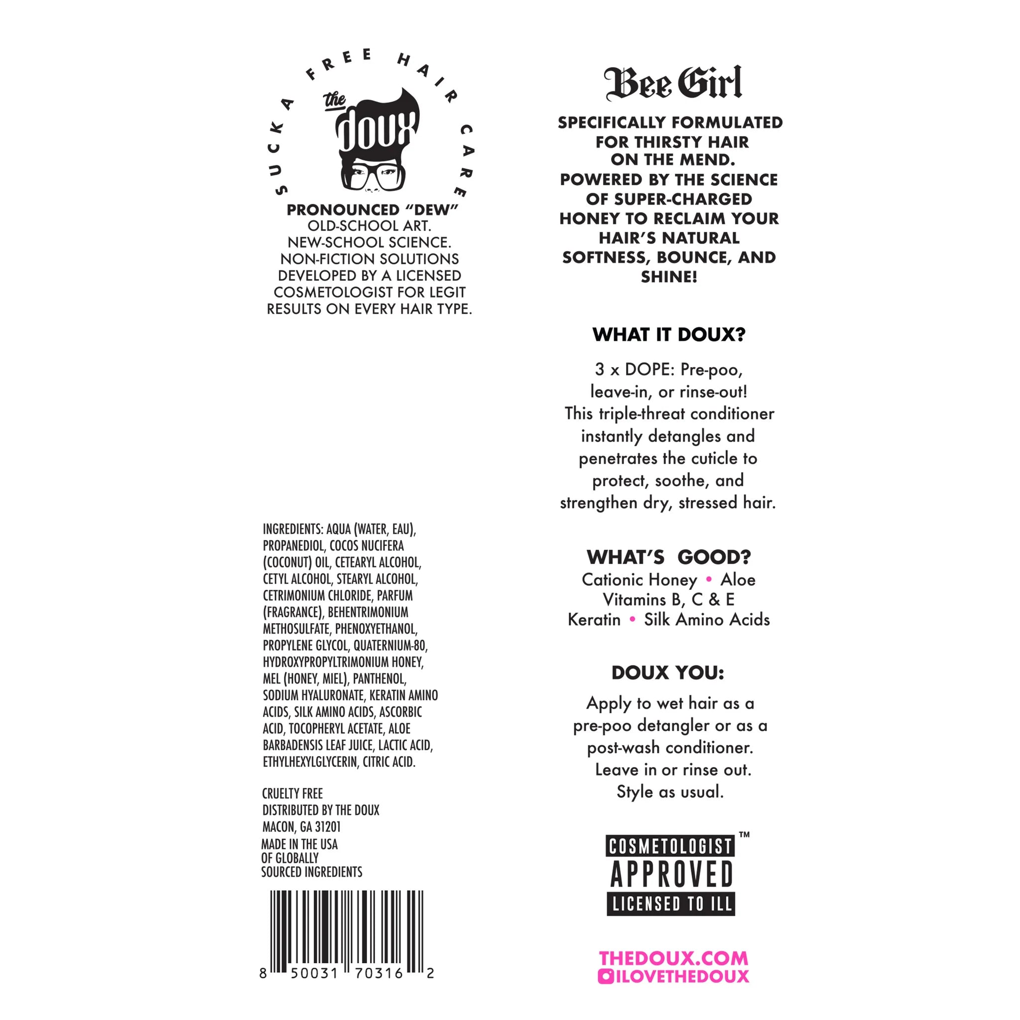 The Doux Bee Girl produktetiket med ingrediensliste, brugsanvisning og stregkode på hvid baggrund.