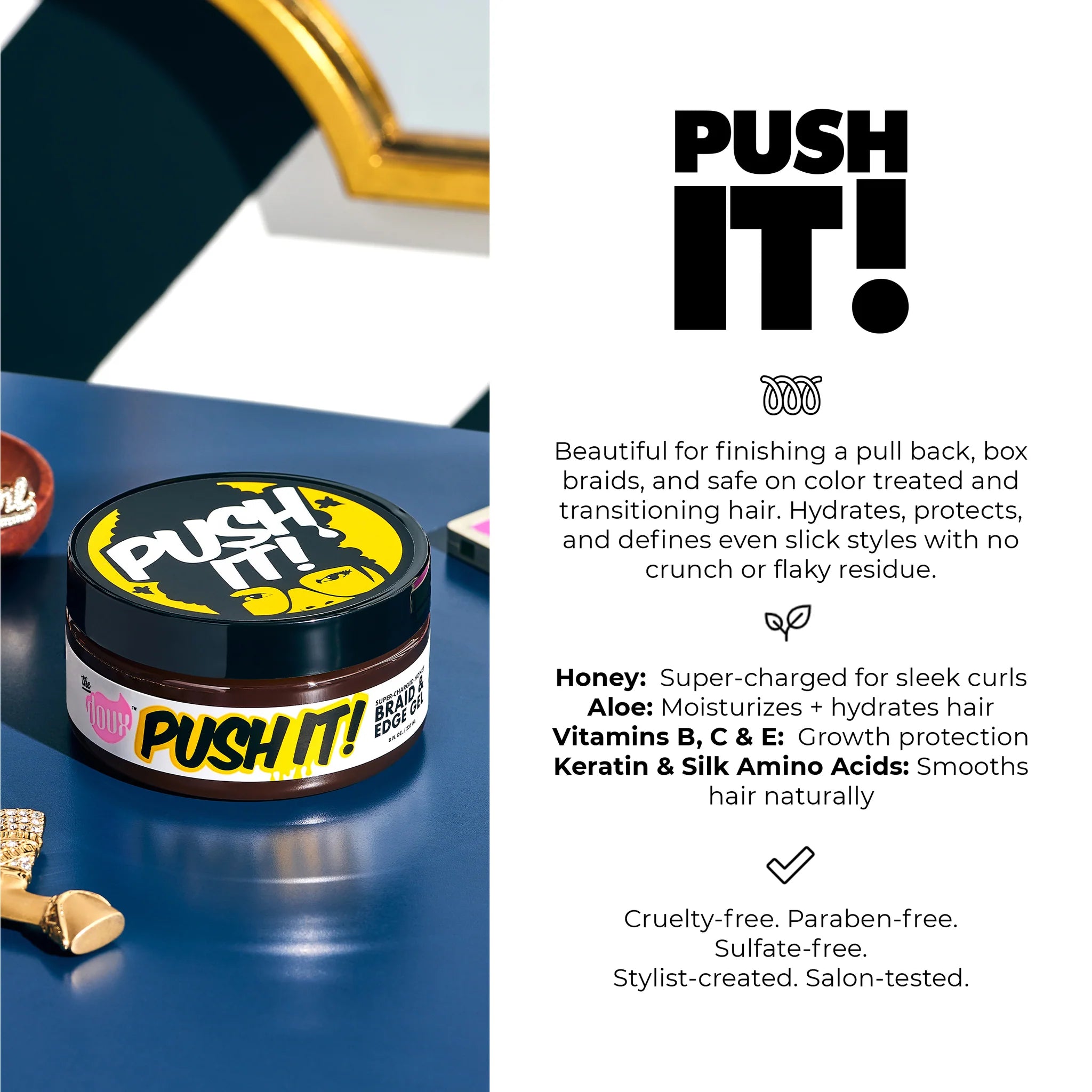 The Doux Push It! Braid & Edge Gel i sort/gul krukke med honning, aloe og keratin på blåt bord.