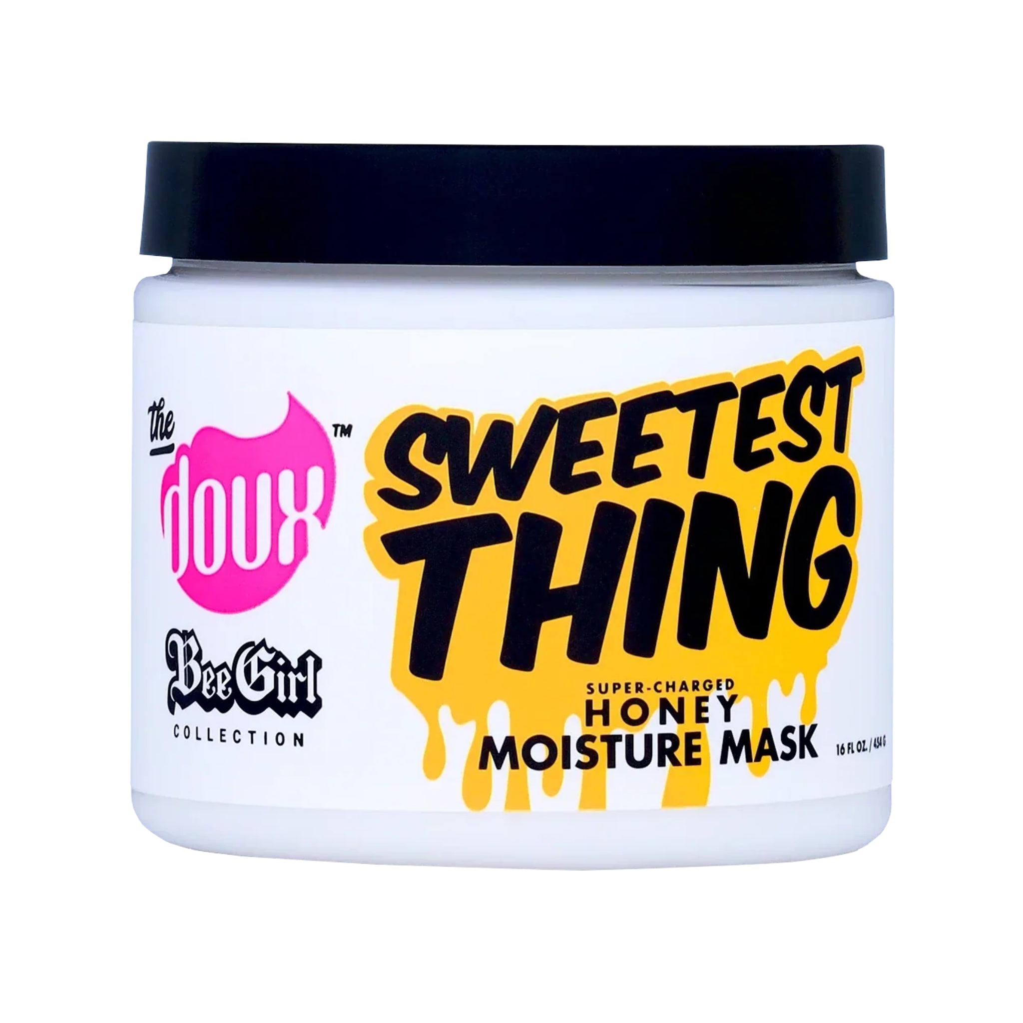 The Doux Bee Girl Sweetest Thing hvid dåse med sort låg og gul honning moisture mask etiket.