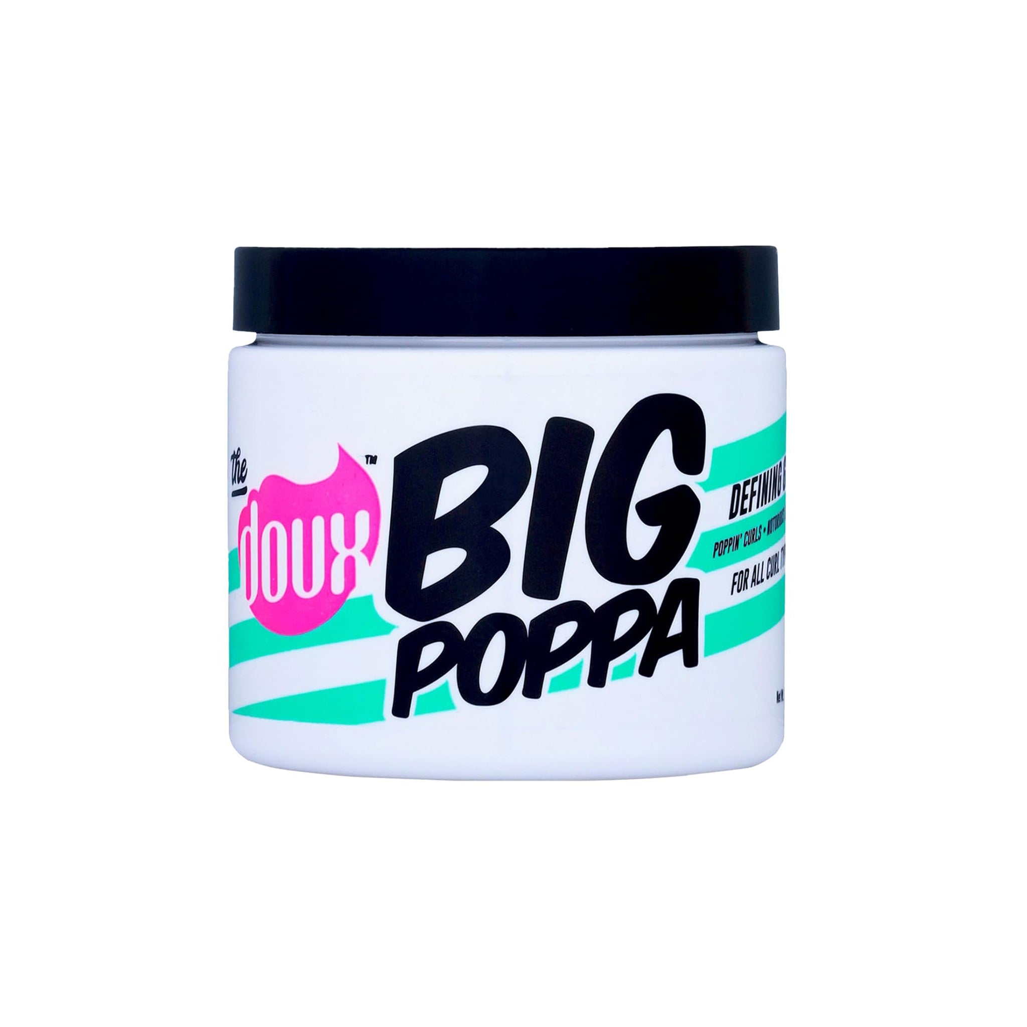 The Doux Big Poppa Defining Gel 454gr i hvid beholder med sort låg og farverig tekst i pink, sort og turkis.
