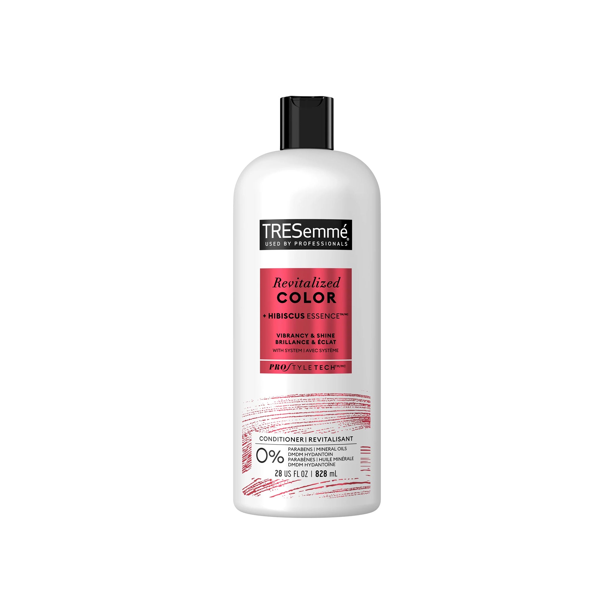 Hvid flaske med TRESemmé Revitalized Color Conditioner 828ml, med rød og sort tekst og sort låg, stående på hvid baggrund.