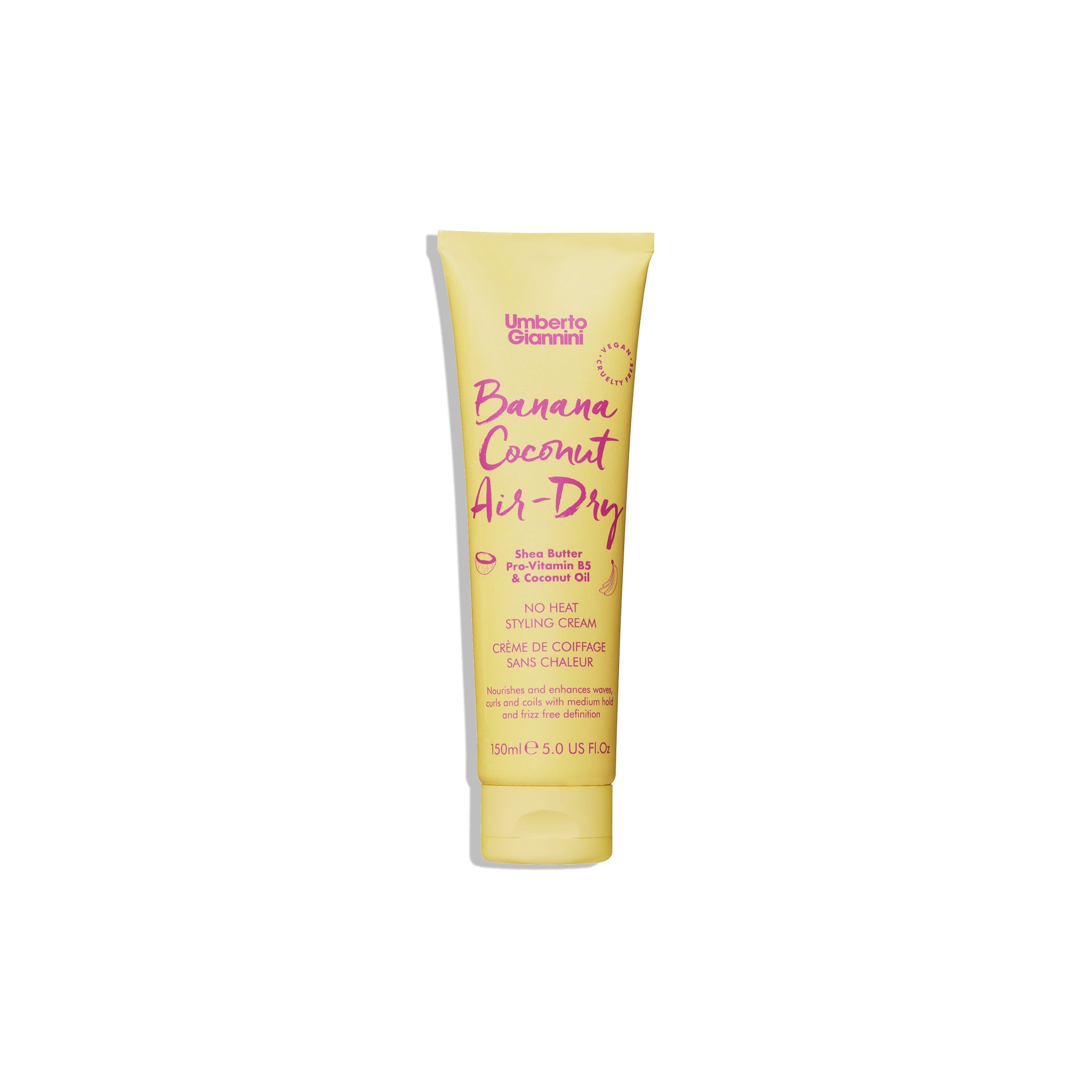 Umberto Giannini Banana Coconut Air-Dry stylingcreme i gul tube med lyserød tekst, til krøllet hår uden varme.