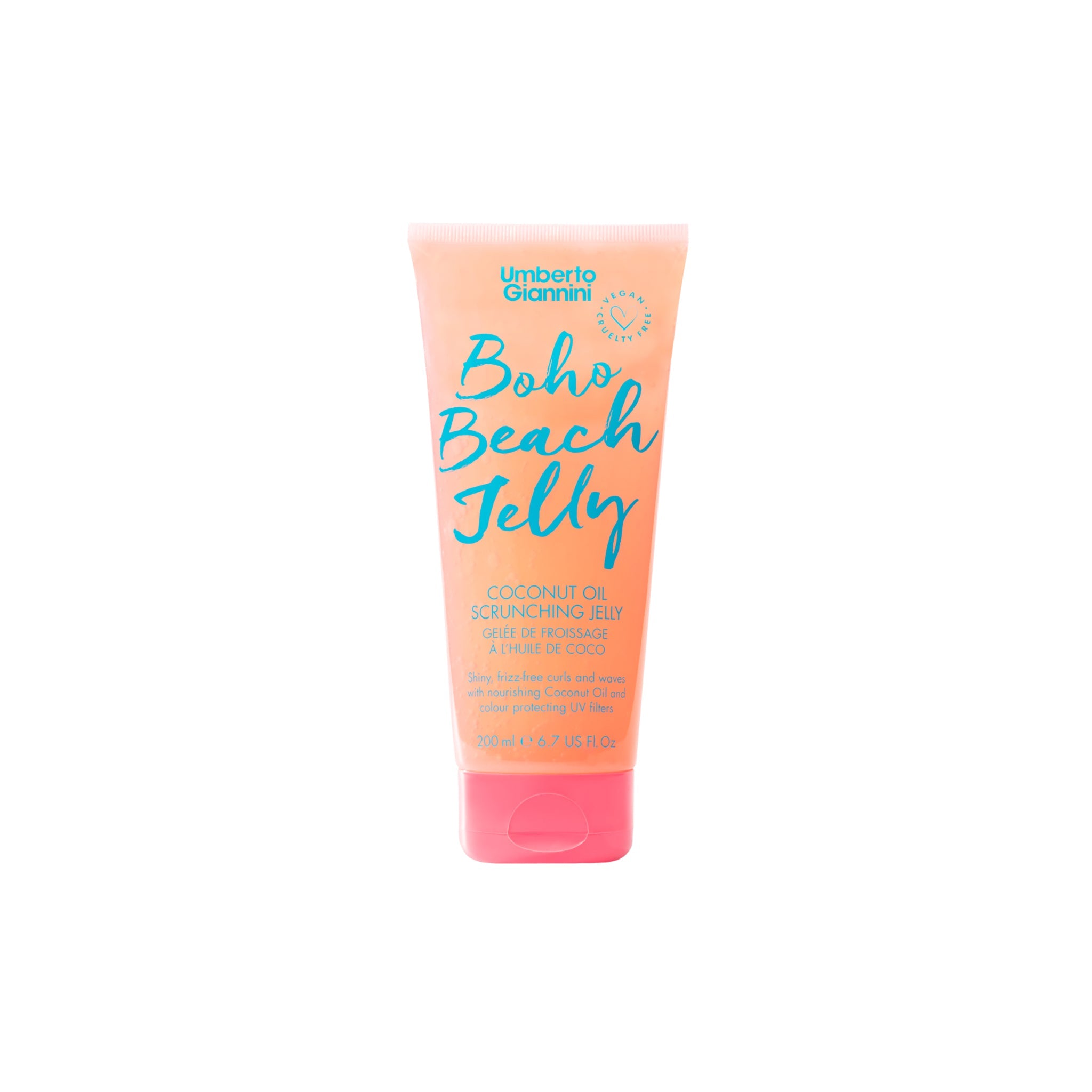 Tube med Umberto Giannini Boho Beach Jelly kokosolie hårgelé til krøller i orange og pink design, 200 ml.