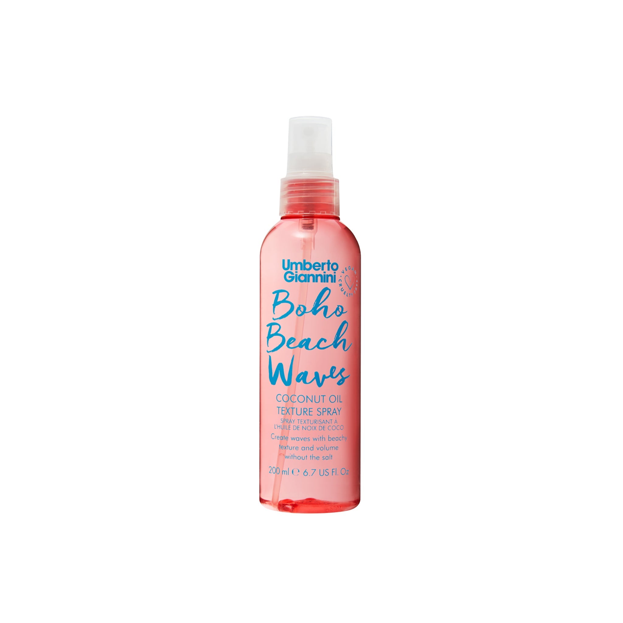 Sprayflaske med Umberto Giannini Boho Beach Waves kokosolie texture spray i pink transparent plast med blå skrift.
