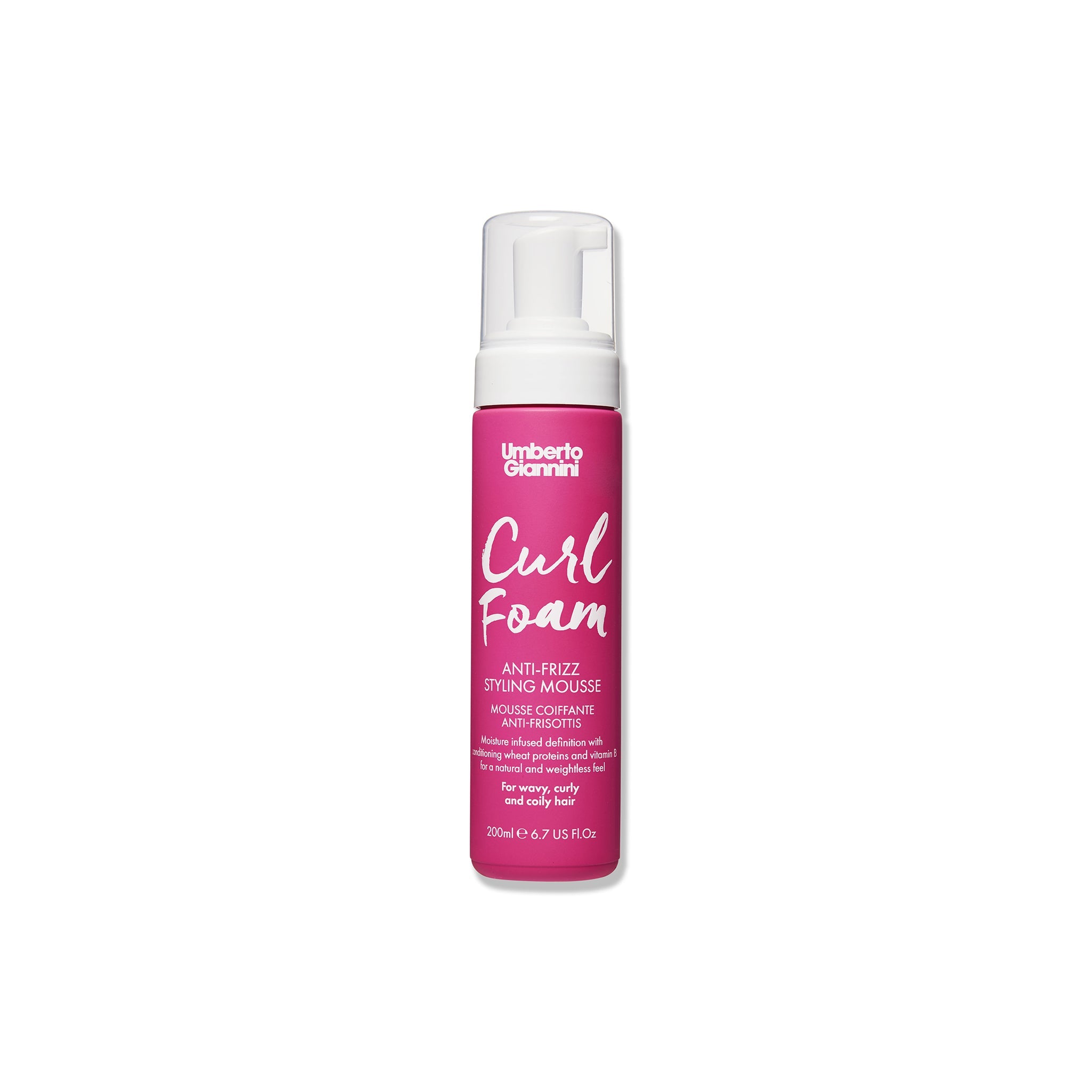 Lyserød flaske med Umberto Giannini Curl Foam anti-frizz styling mousse til krøllet og bølget hår, 200 ml.