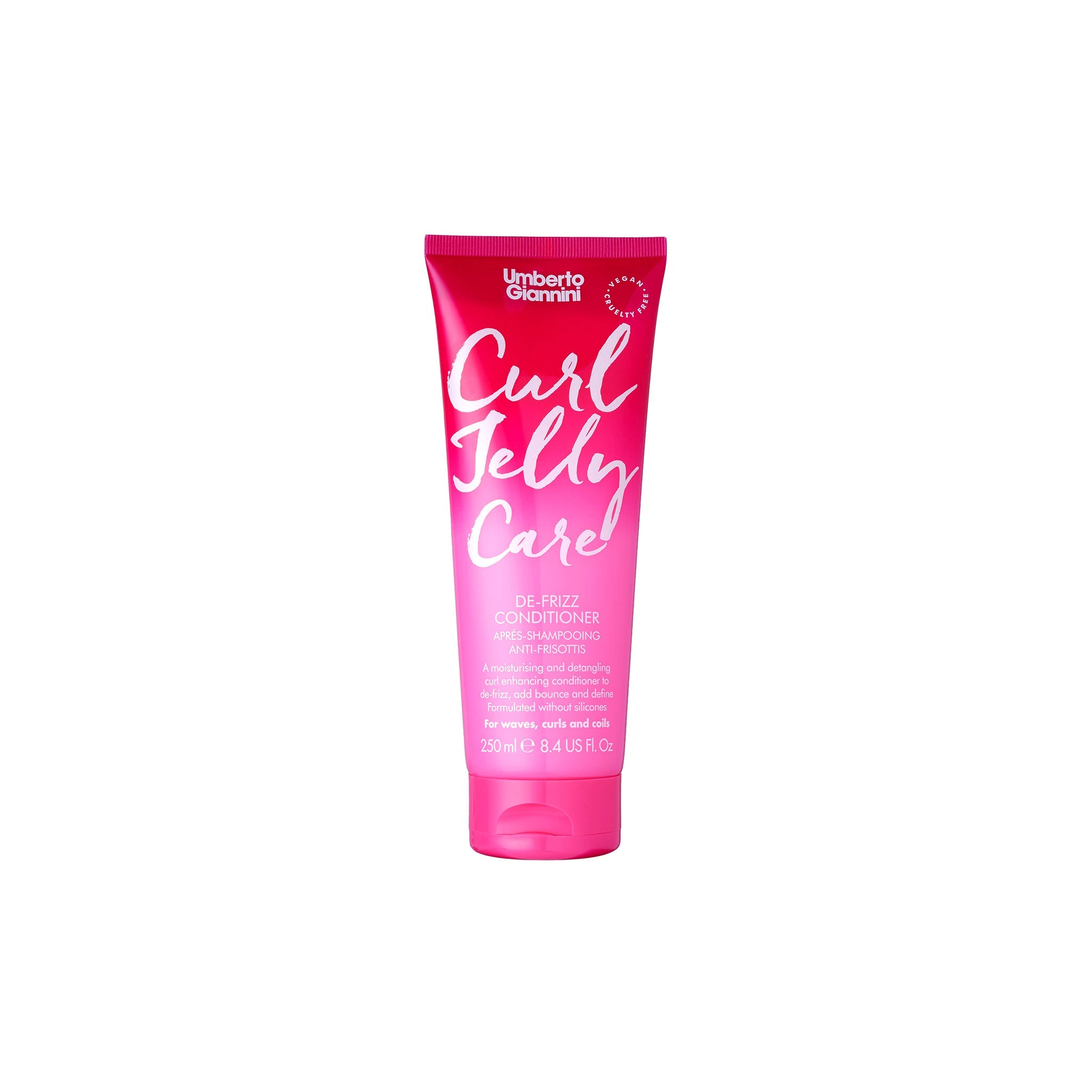 Umberto Giannini Curl Jelly Care De-Frizz Conditioner i pink tube med hvid tekst til krøllet hår og mod frizz.
