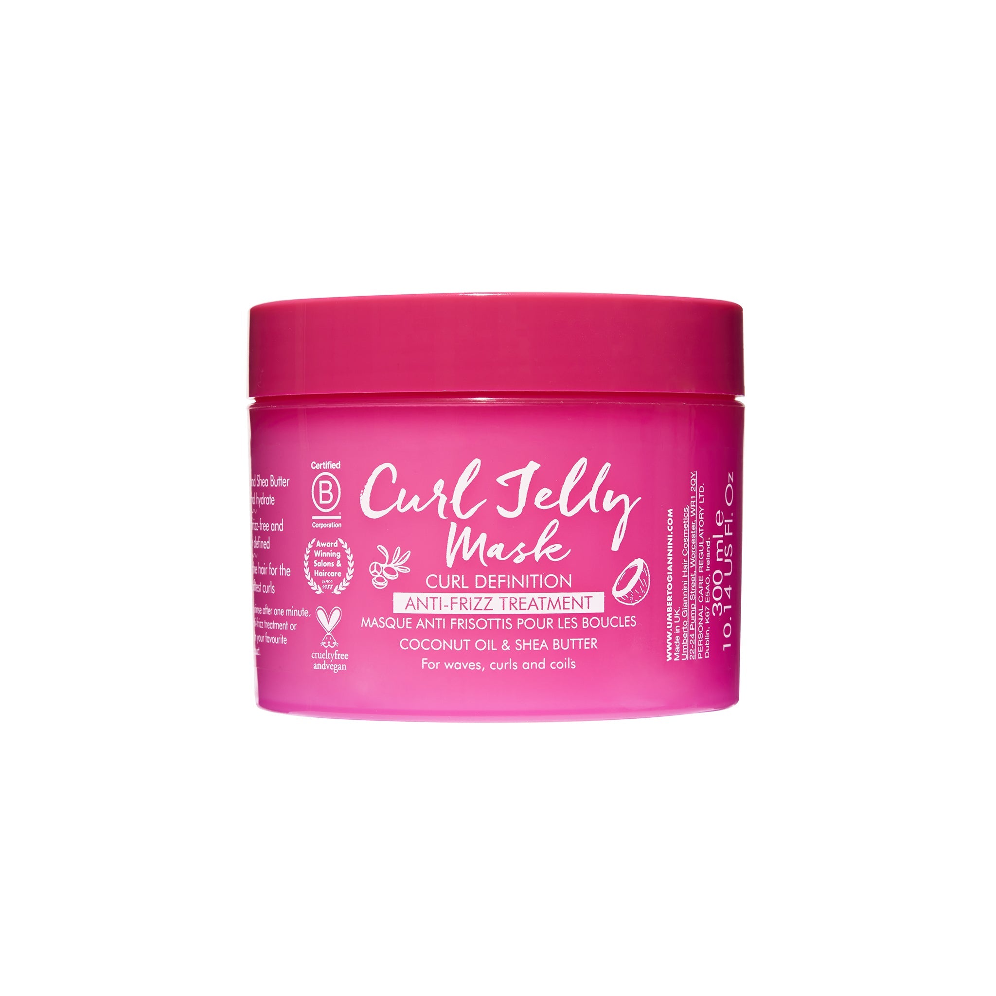 Curl Jelly Mask i pink med tekst, fremhæver anti-frizz behandling med kokosolie og sheasmør til krøllet hår.