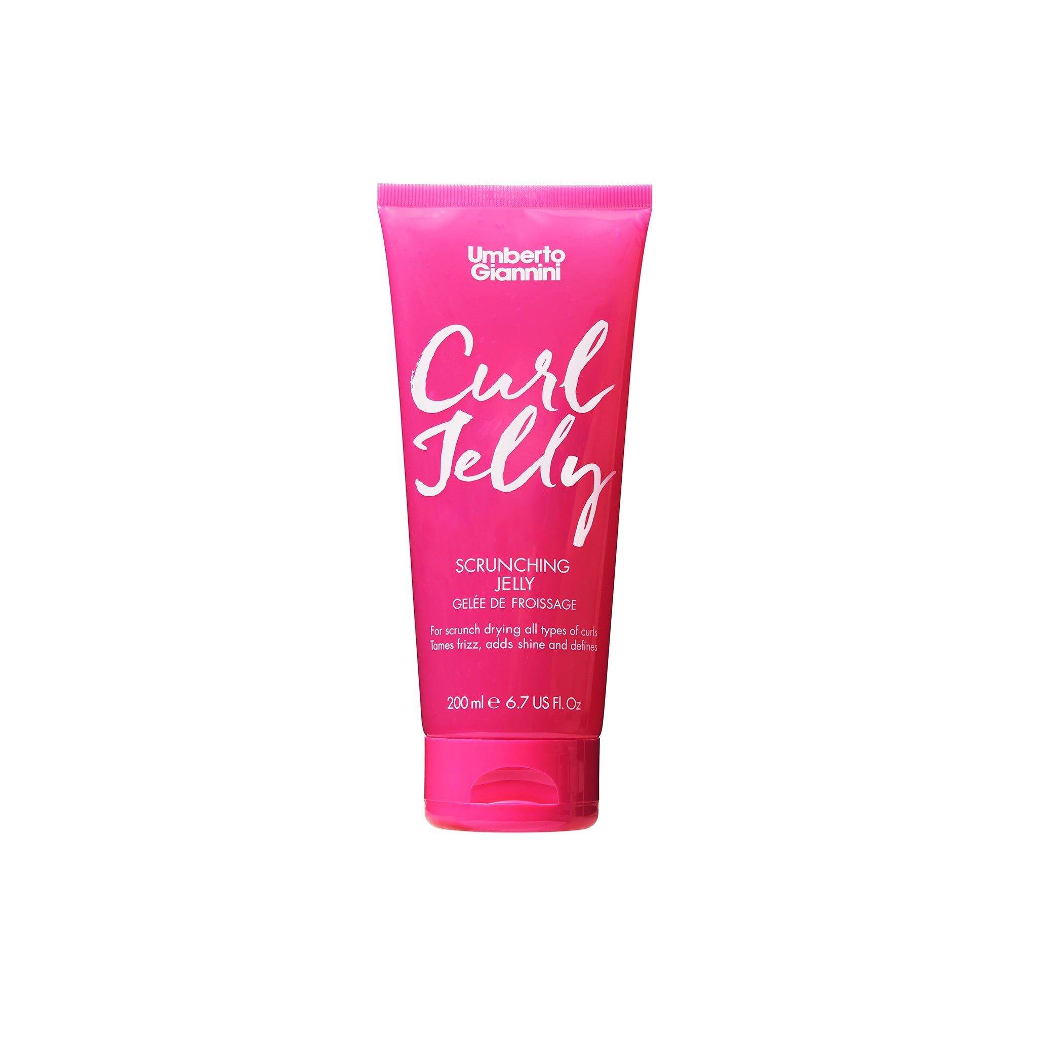 Pink tube med Umberto Giannini Curl Jelly til krøllet hår, 200 ml, der definerer krøller og reducerer krus.