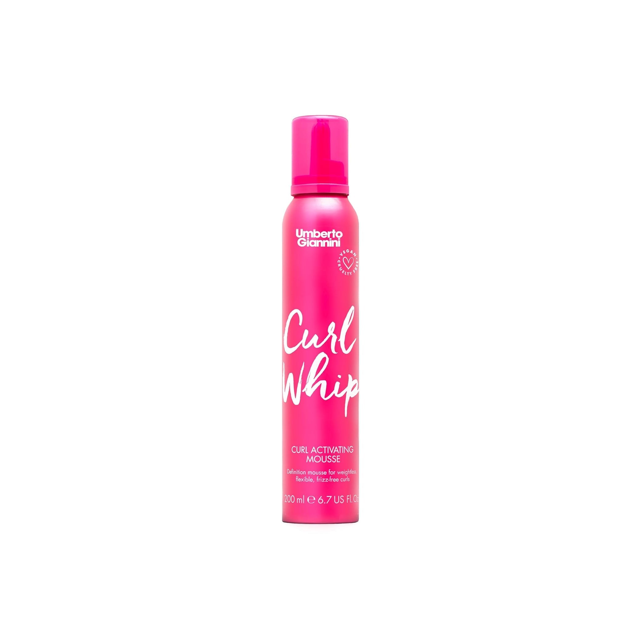 Umberto Giannini Curl Whip curl activating mousse i pink flaske til definerede, frizz-fri krøller med let hold.
