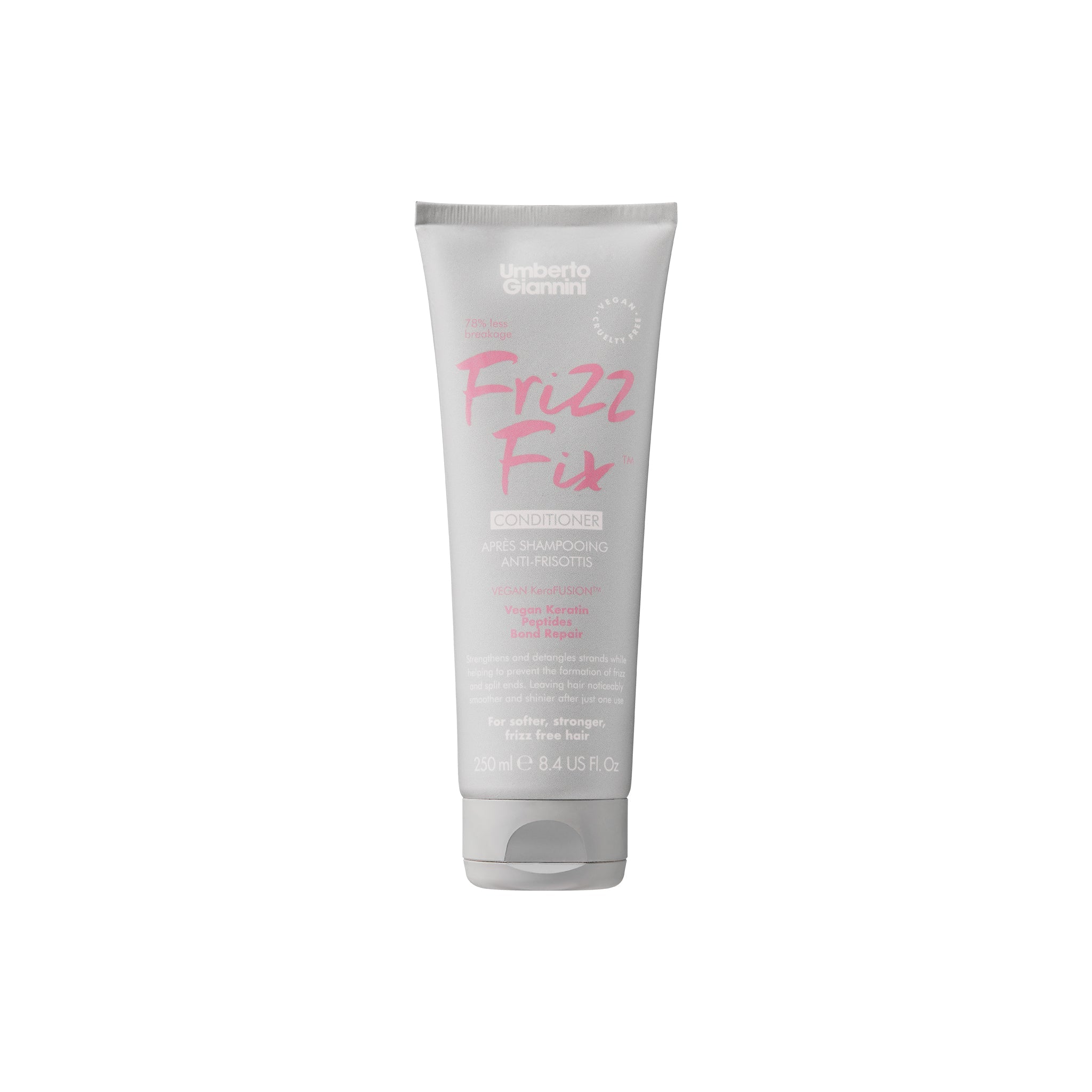 Tube med Umberto Giannini Frizz Fix Conditioner i grå og pink design, 250 ml plejebalsam mod krus og til skinnende hår.