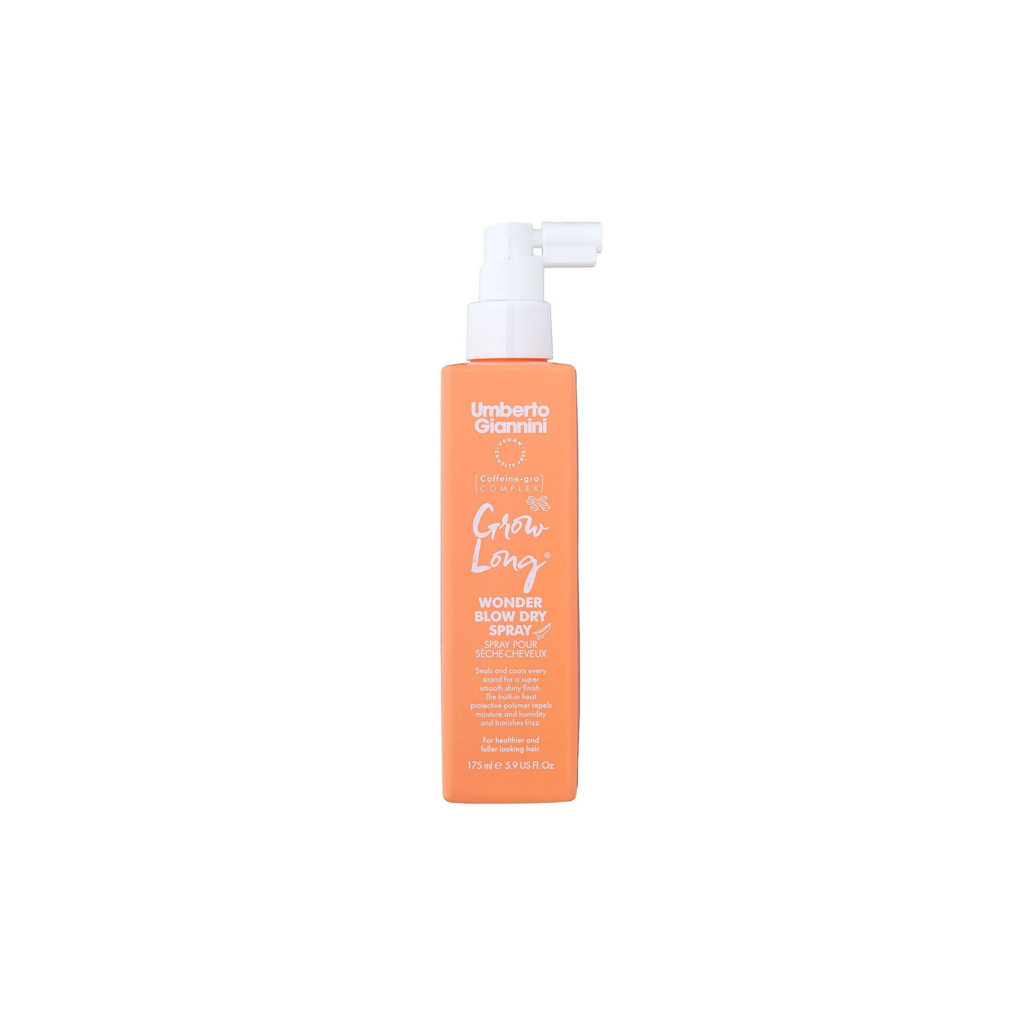 Orange flaske med Umberto Giannini Grow Long Wonder Blow Dry Spray til varmebeskyttelse og glansfuldt, krusfrit hår.