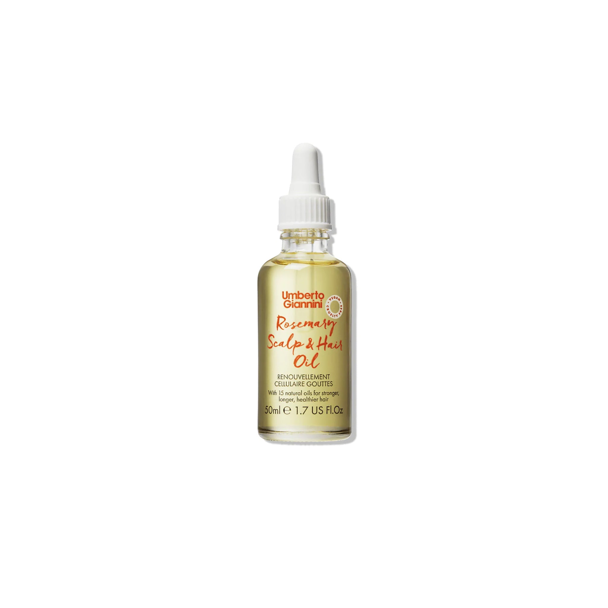 Glasflaske med Umberto Giannini Rosemary Scalp & Hair Oil med pipette og gylden olie til sundt hår og hovedbund.