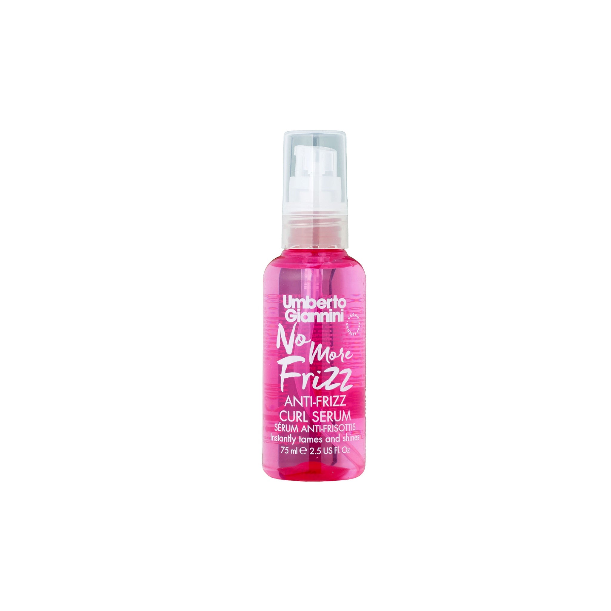 Pink flaske med Umberto Giannini No More Frizz Anti-Frizz Curl Serum til krøllet hår, 75 ml med pumpe.