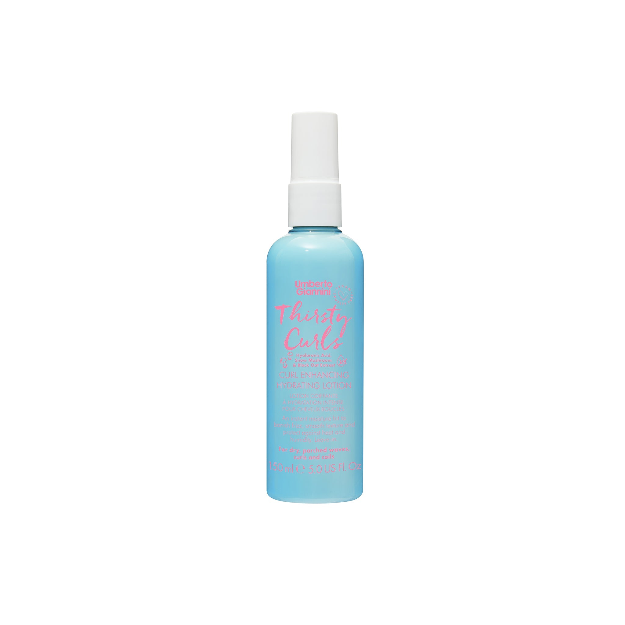 Lyseblå flaske med Umberto Giannini Thirsty Curls curl enhancing hydrating lotion til tørre krøller og bølger.
