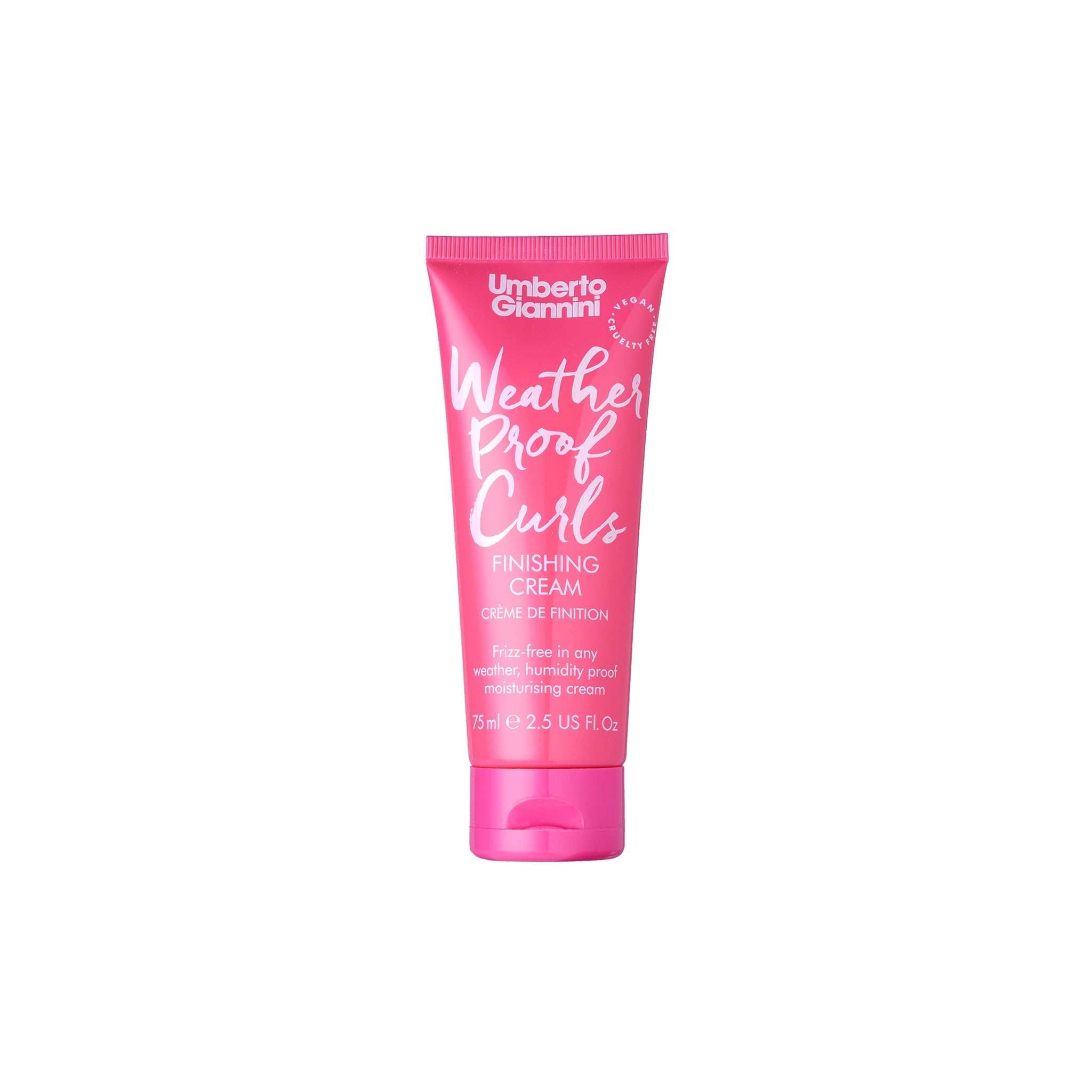 Umberto Giannini Weather Proof Curls Finishing Cream i pink tube på hvid baggrund, 75 ml krøllecreme mod frizz.