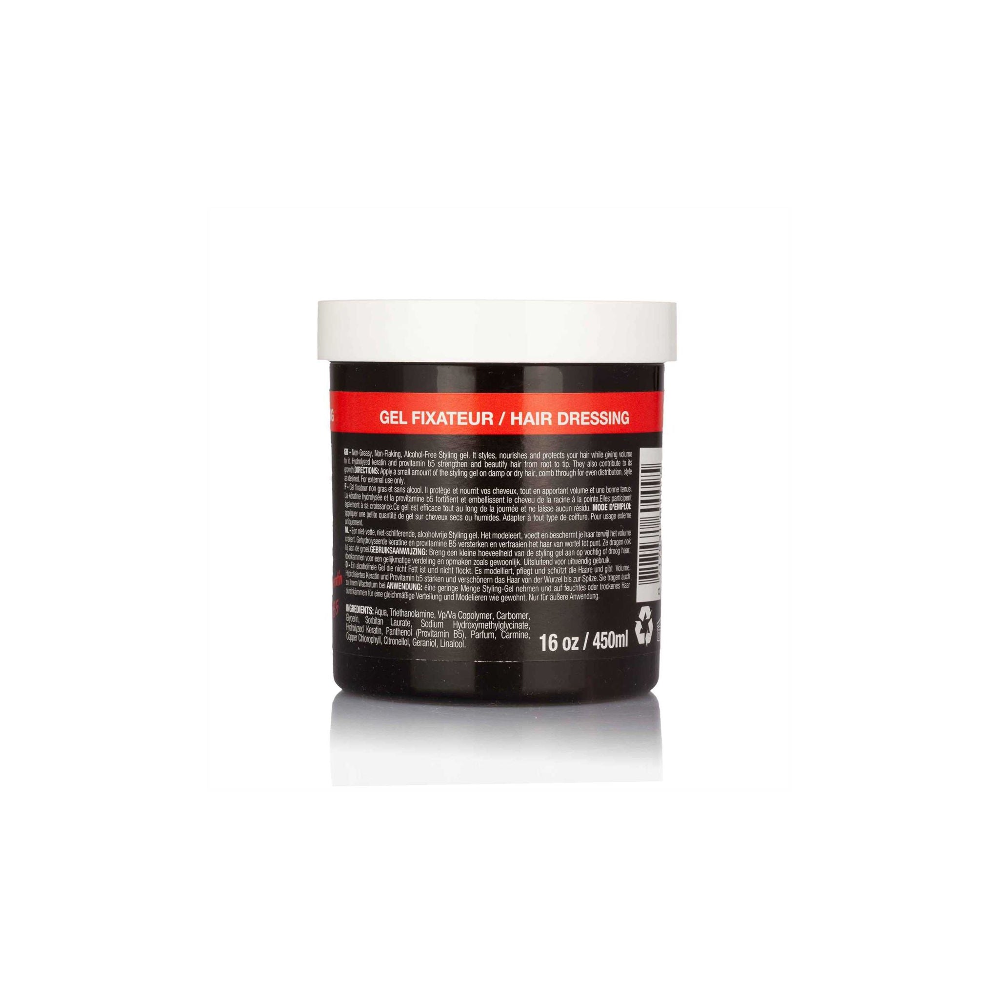 Universal Beauty Styling Gel (16oz) bagside med ingrediensliste og brugsanvisning.