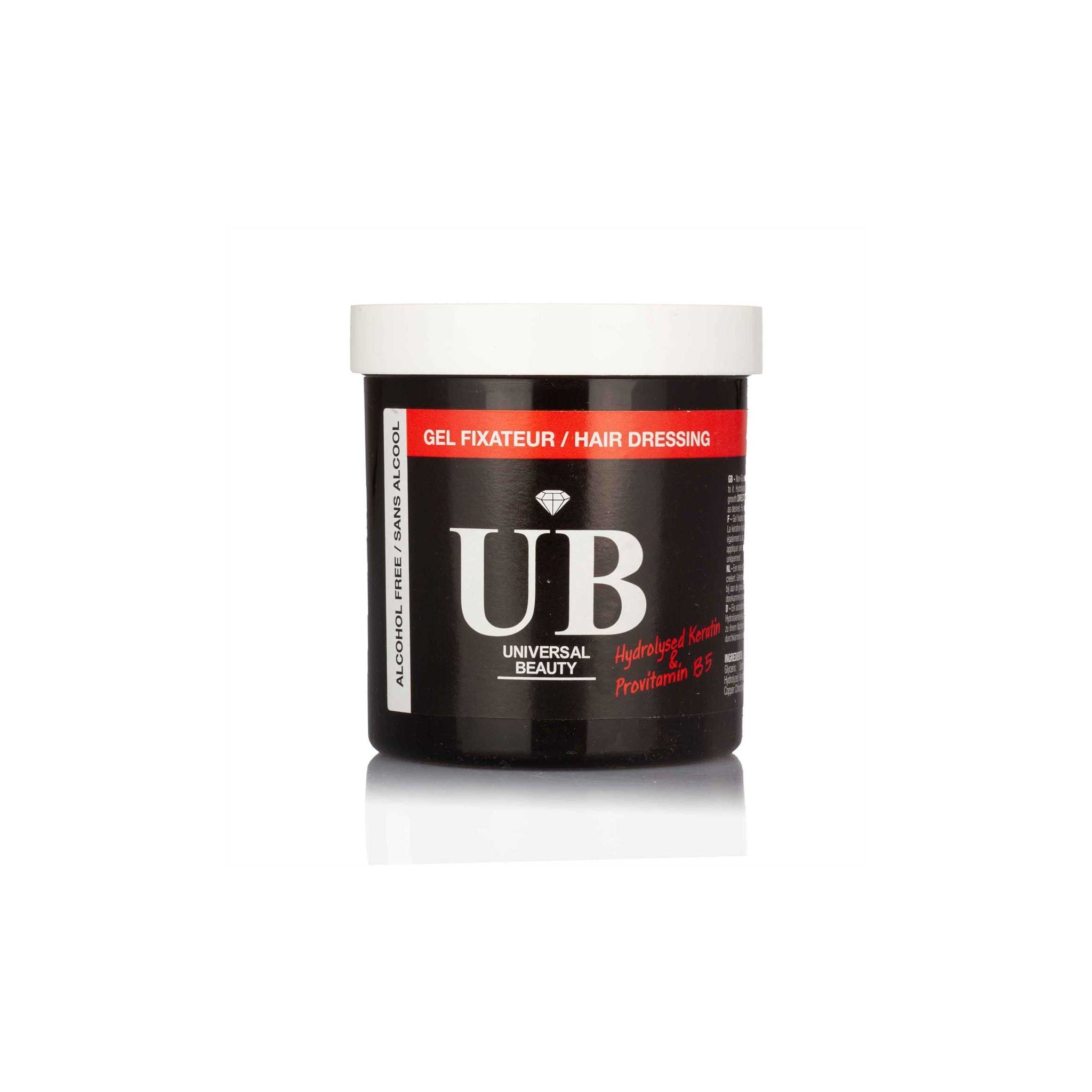 Universal Beauty Styling Gel (16oz) med "UB" logo. Alkoholfri hårstyling gel/fixateur.
