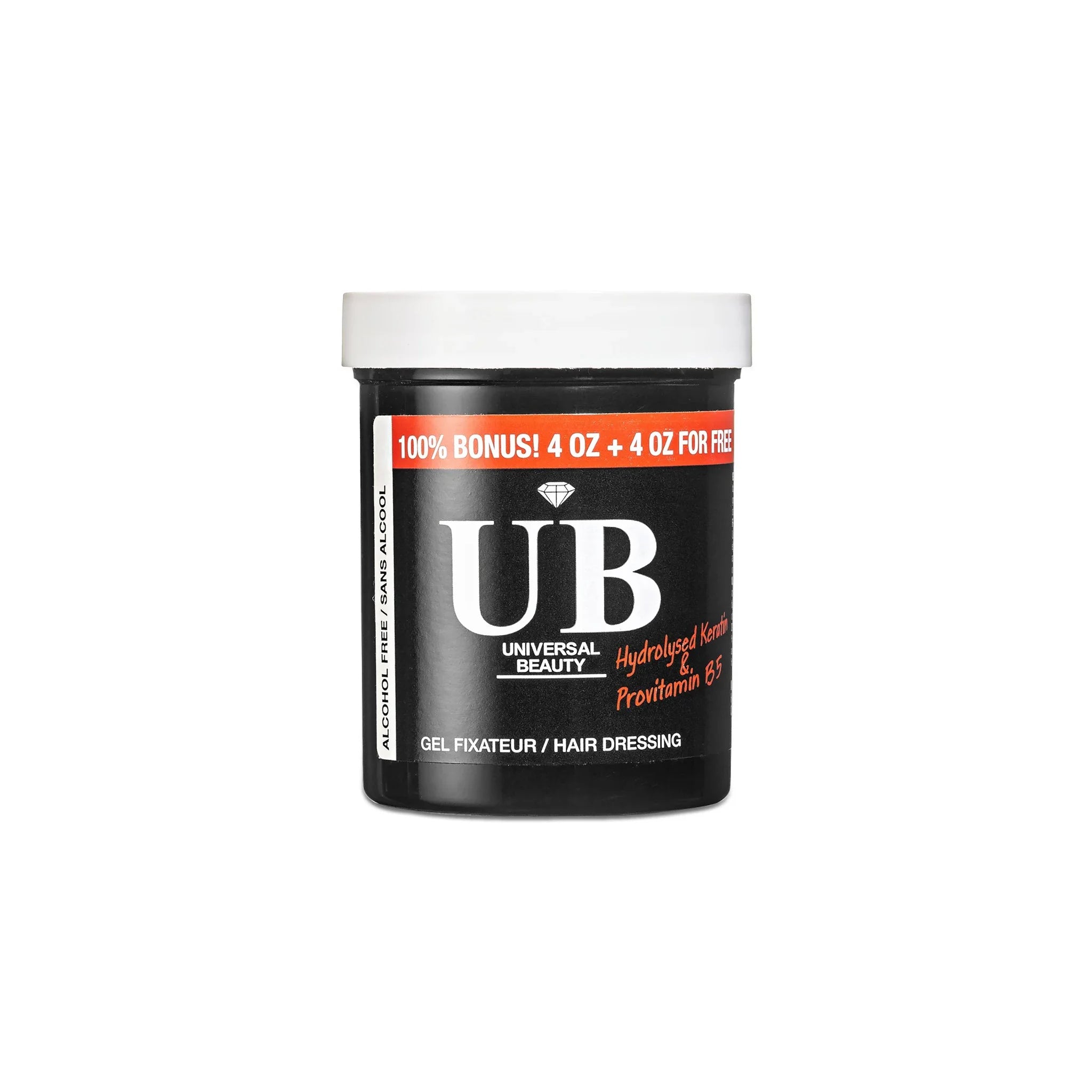 Bøtte med Universal Beauty Styling Gel, alkoholfri med hydrolyseret silke provitamin B5, 8 oz (4 oz + 4 oz gratis).