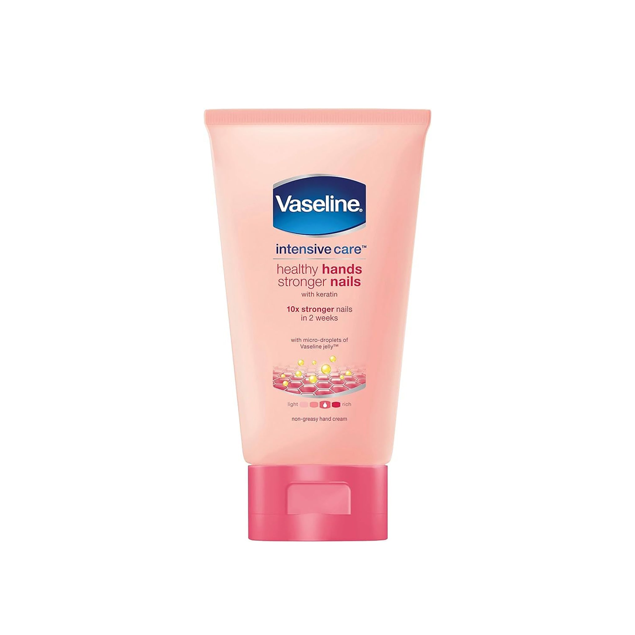 Lyserød tube Vaseline hand neglecreme Healthy Hands Stronger Nails 75ml med rød hætte, styrker hænder og negle med keratin.