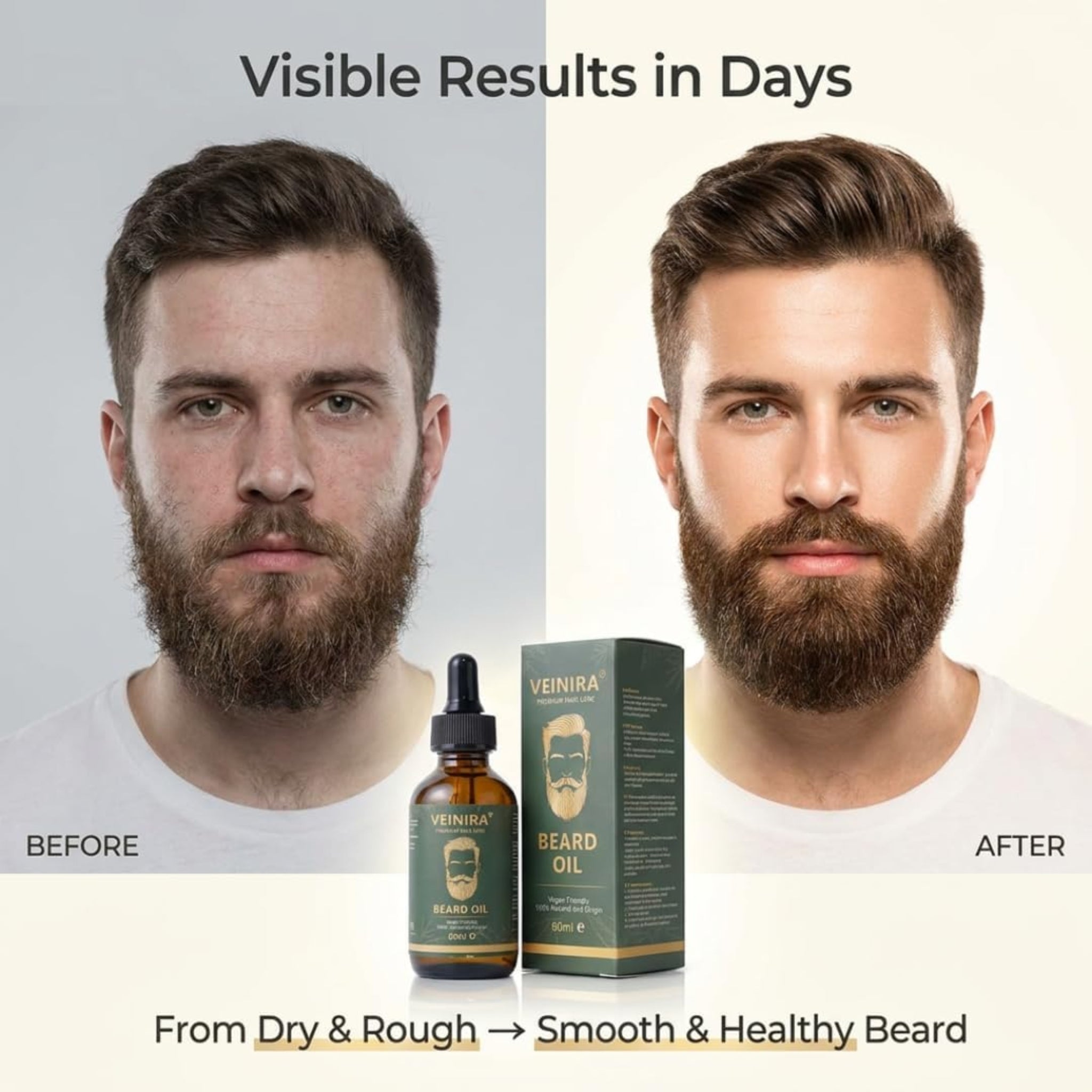 Før/efter sammenligning af mand med skæg – Veinira Beard Oil giver synlige resultater fra tørt til blødt, sundt skæg.