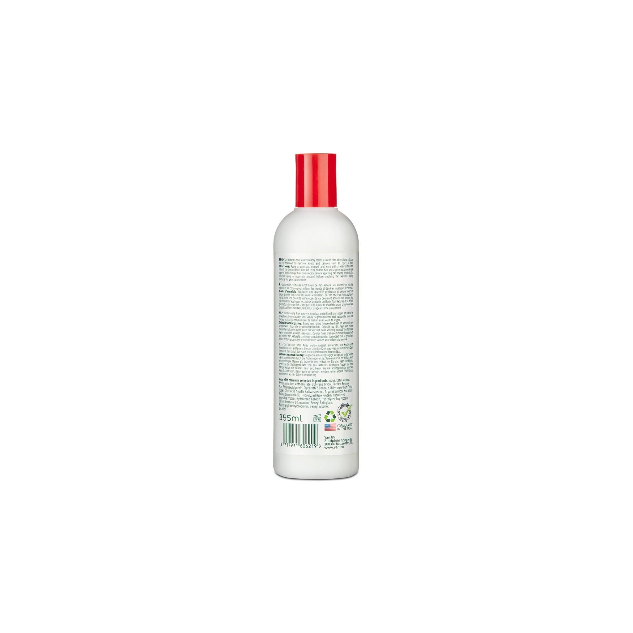 Bagside af Yari Naturals Knot Away Leave-in Detangler (375 ml). Hvid flaske med rød top. Etiket med ingrediensliste, brugsanvisning og genbrugssymboler.