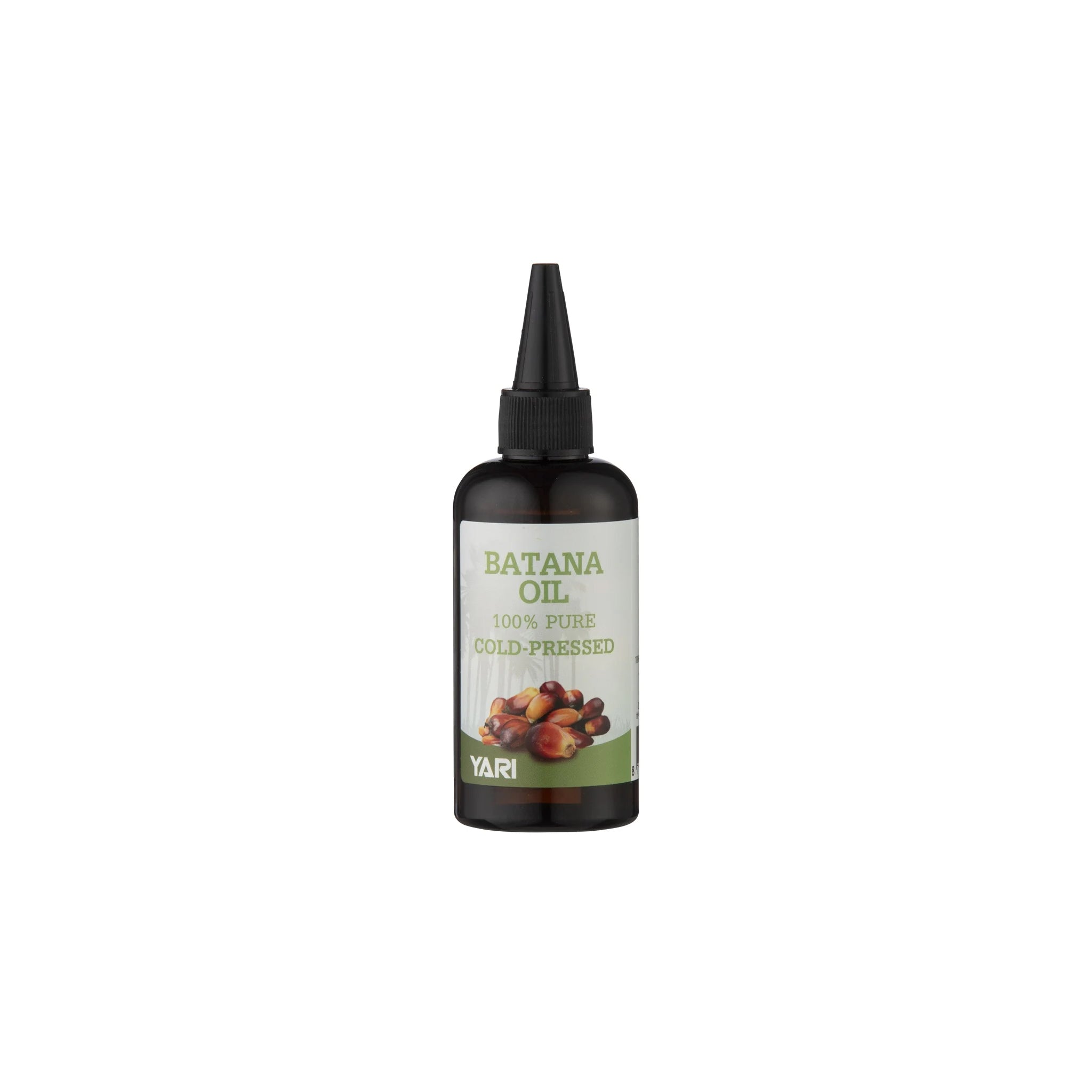 Yari 100% Pure Cold-Pressed Batana Oil 105ml i mørk plastflaske med spids tud og grøn etiket med palmefrugter.