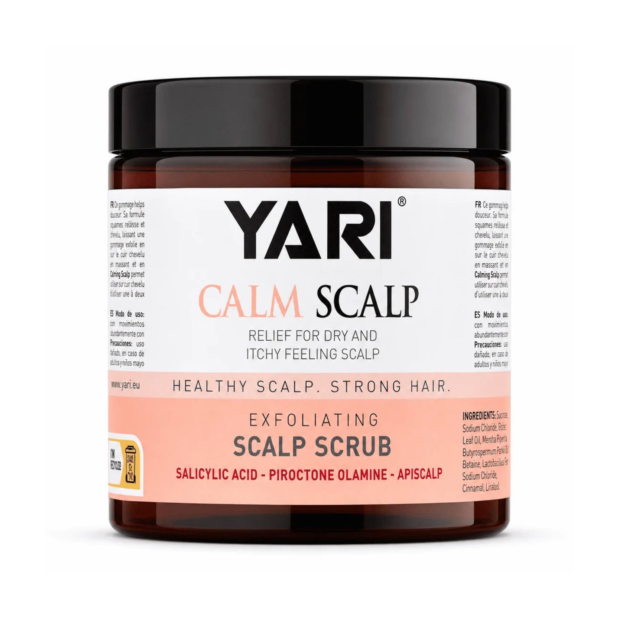 Yari Calm Scalp exfoliating scalp scrub i brun glaskrukke med lyserød etiket og sort låg.
